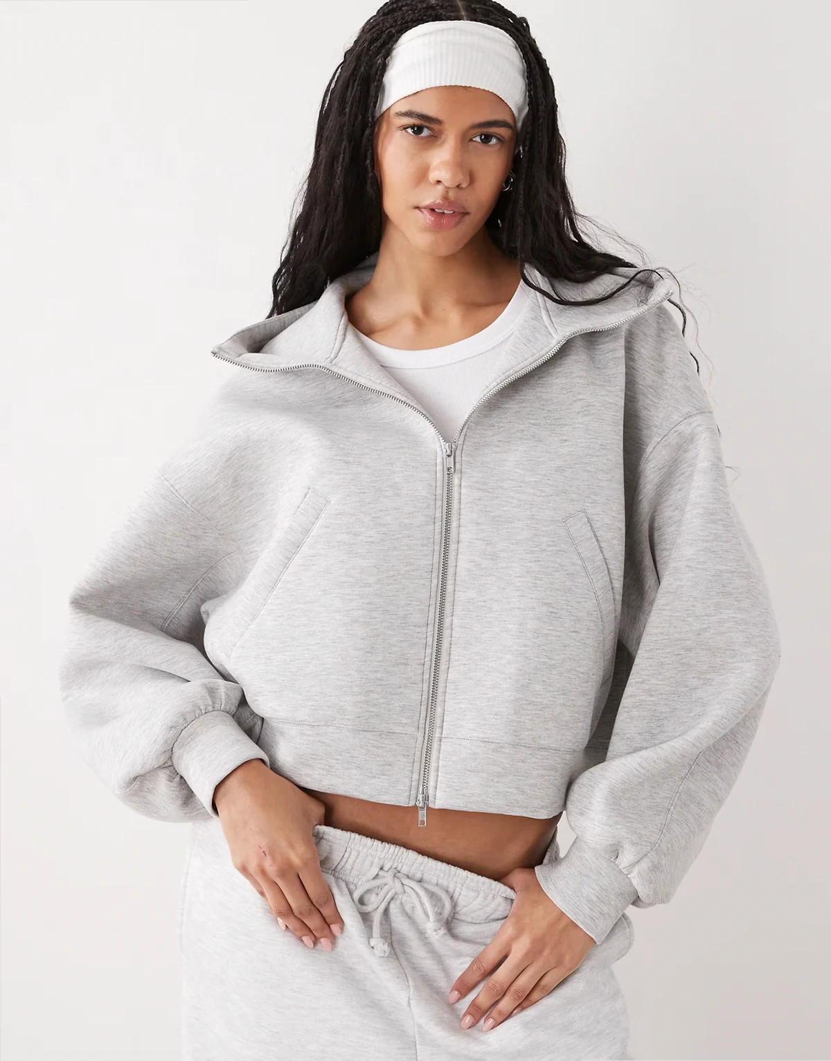 funnel neck zip up scub-style hoodie in gray melange