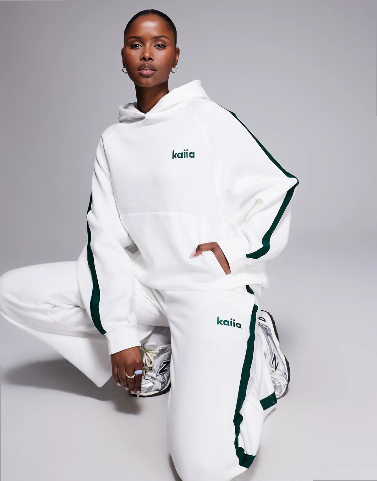 side stripe oversized hoodie in white and dark green - part of a set