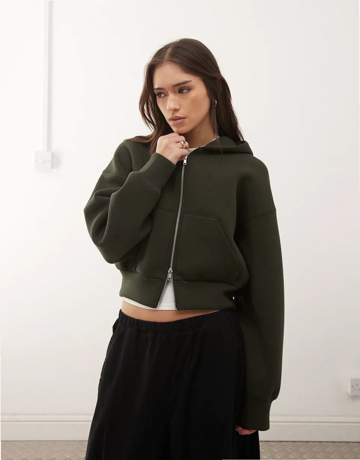 Danni scuba-style fabric zip hoodie in dark green