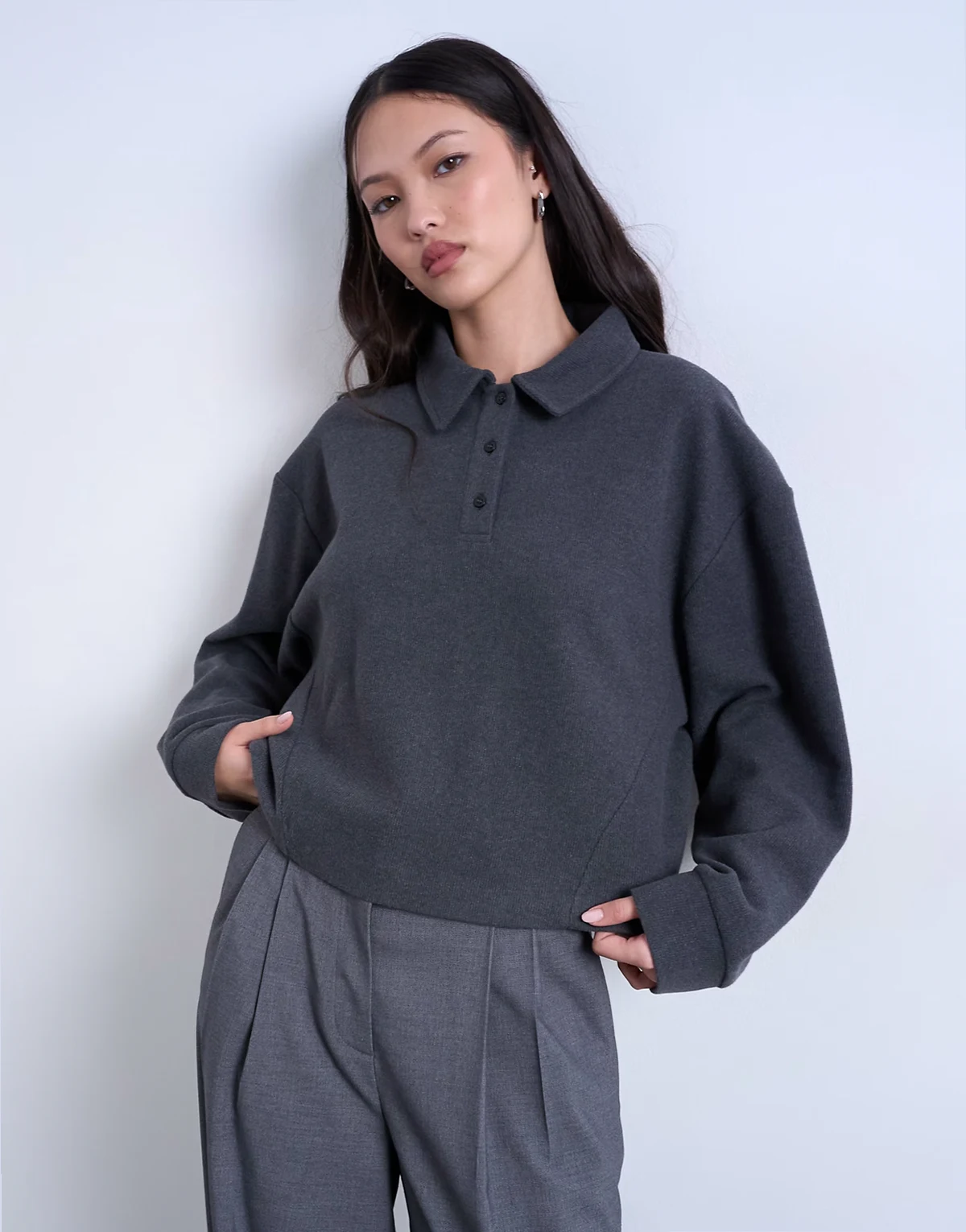 soft touch boxy long sleeve polo shirt in gray - part of a set