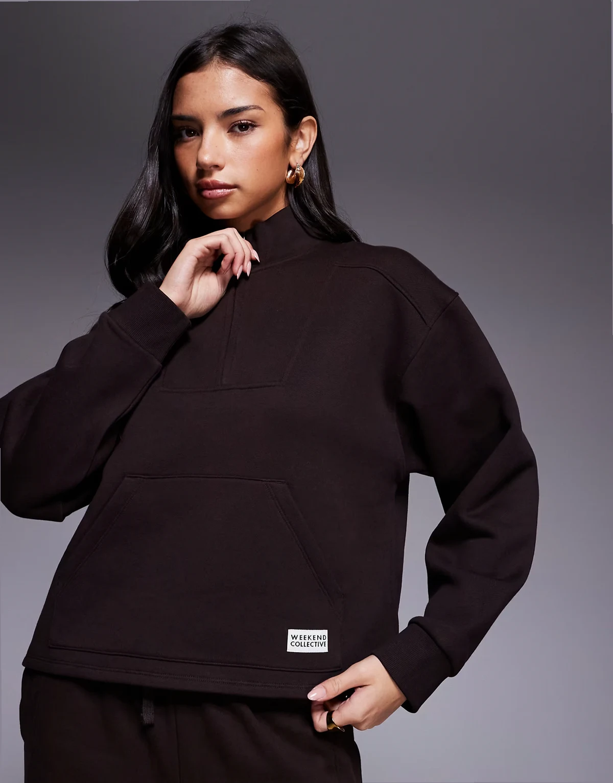 Weekend Collective heavyweight half zip sweatshirt in chocolate - part of a set