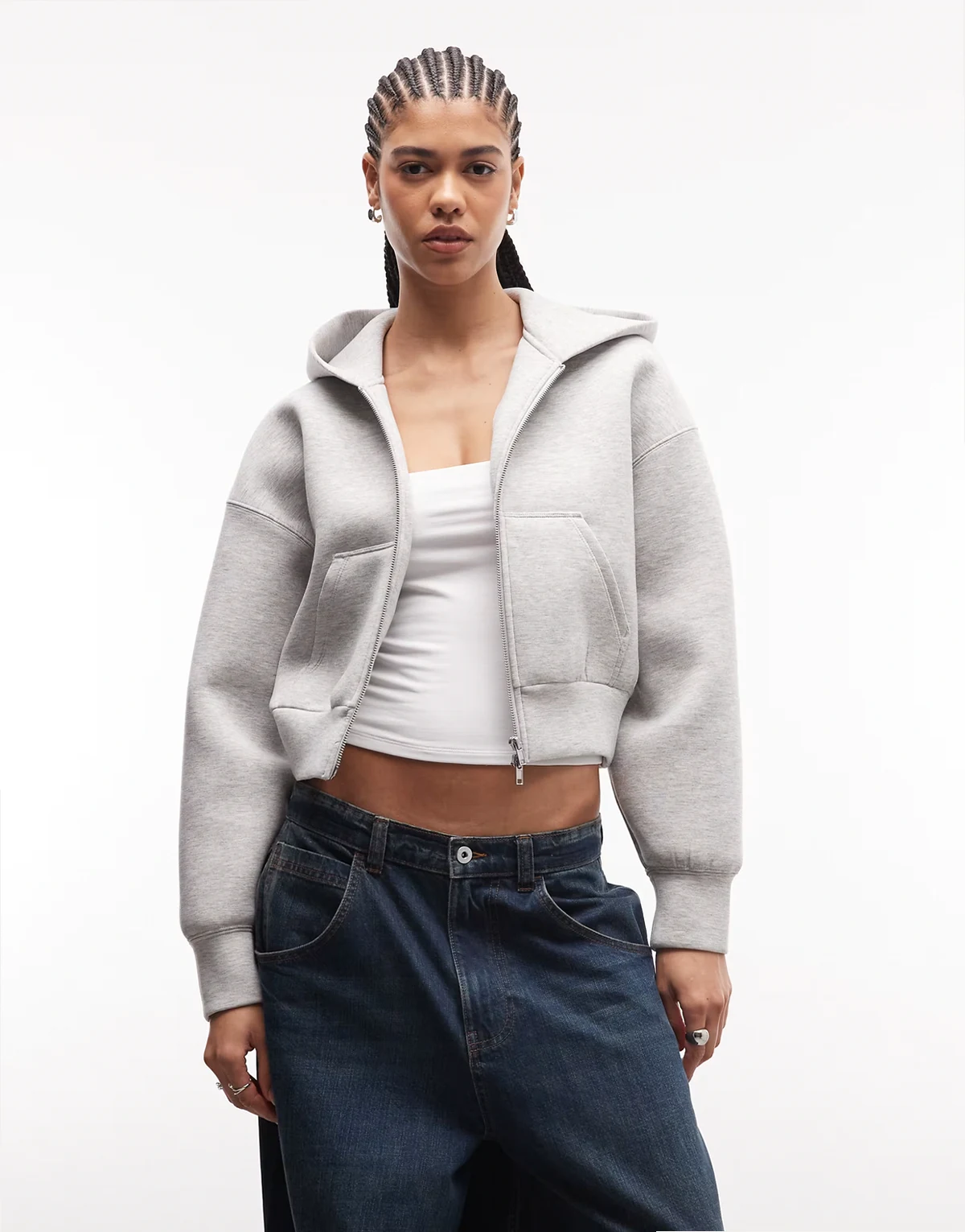 oversized boxy fit zip up hoodie in gray melange in scuba-style fabric