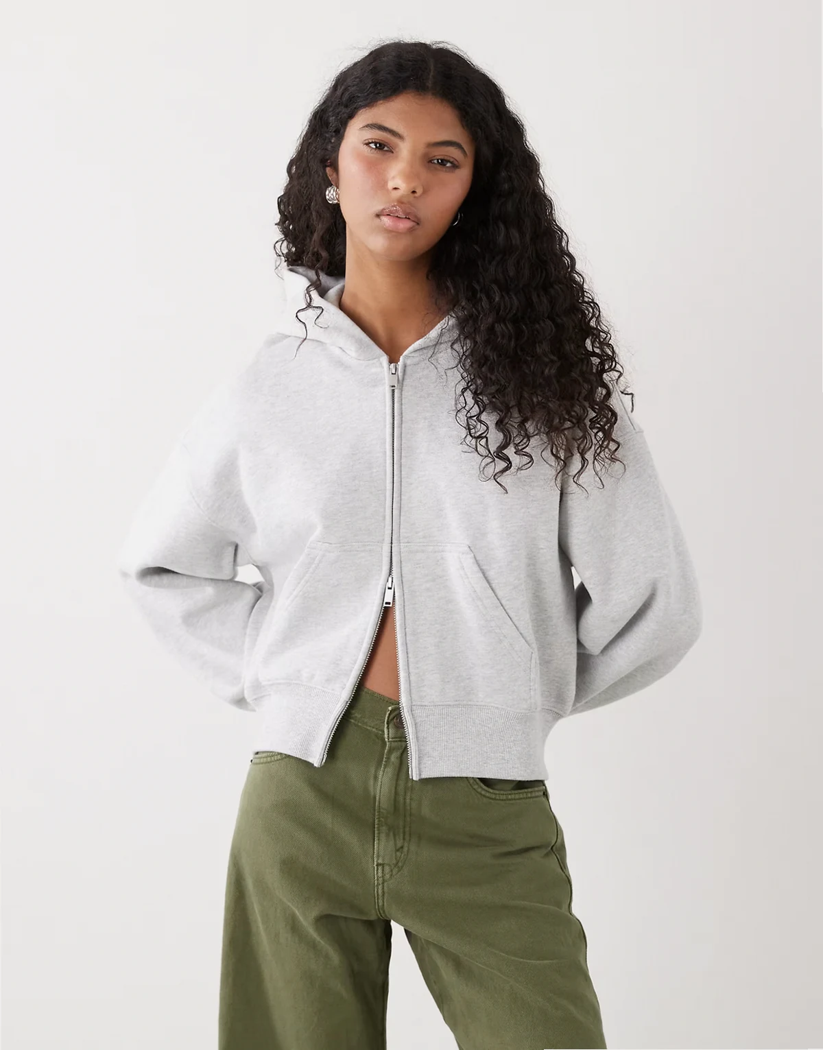 boxy cropped zip through hoodie in gray melange