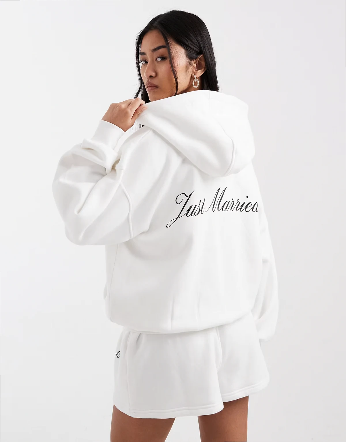 Bridal script 'just married' back print hoodie in white - part of a set