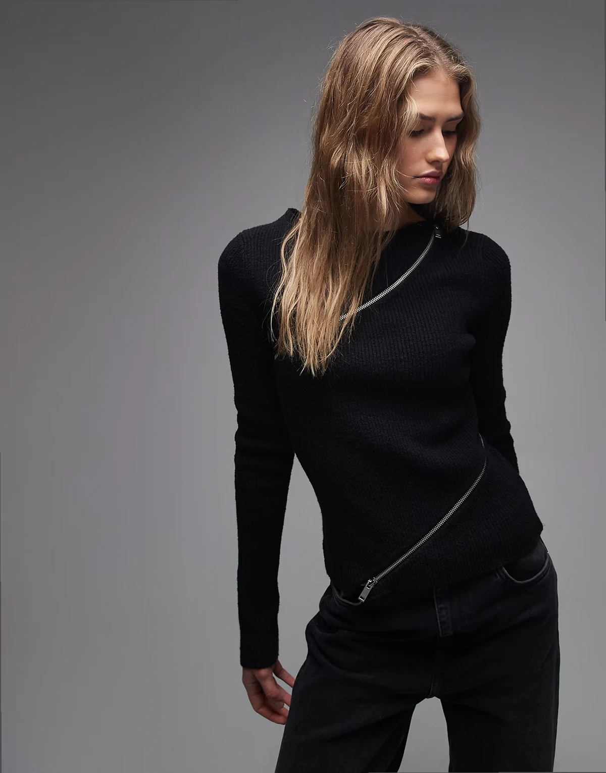zipper detail sweater in black