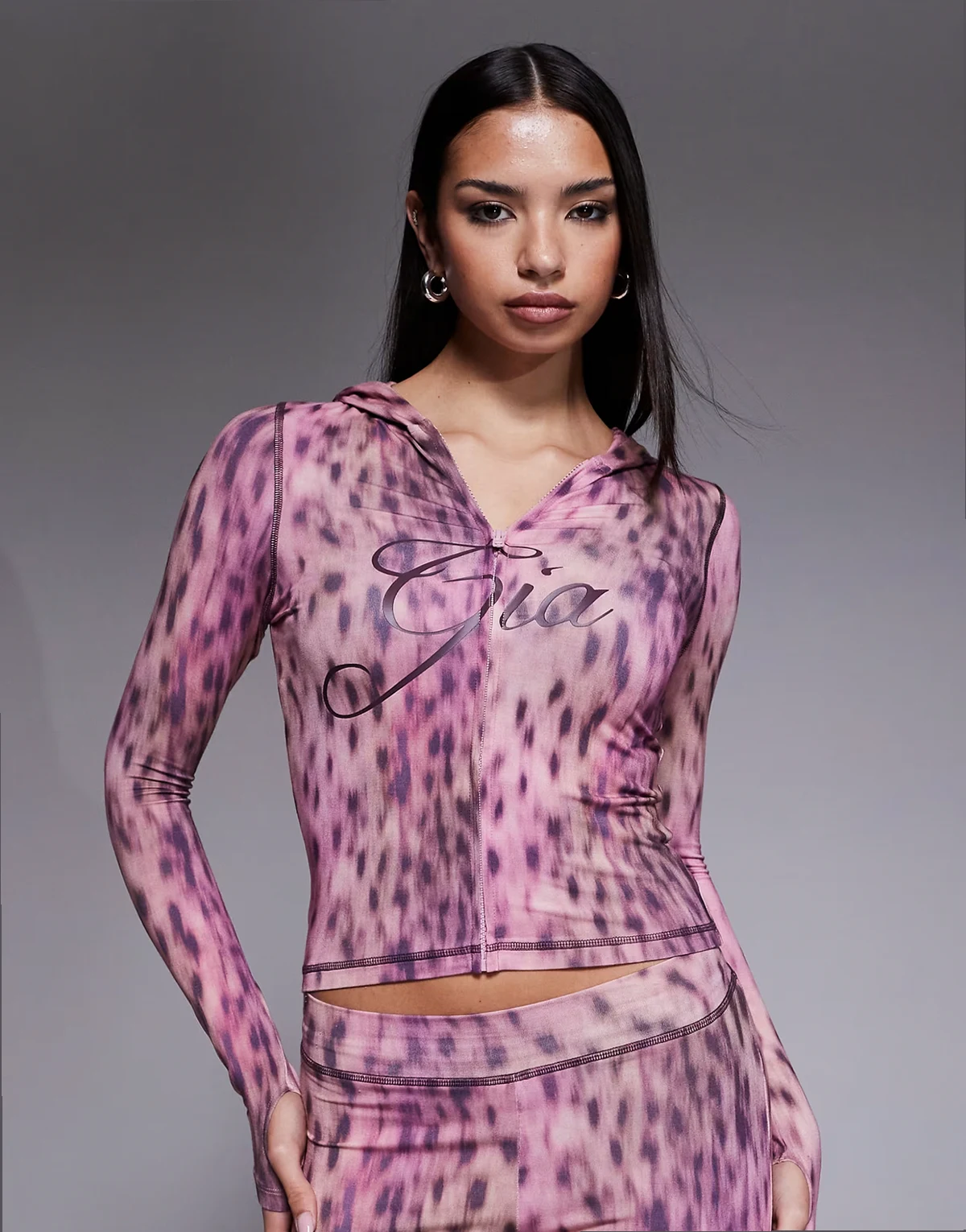 Blare logo contrast stitch zip up hoodie in pink animal print - part of a set