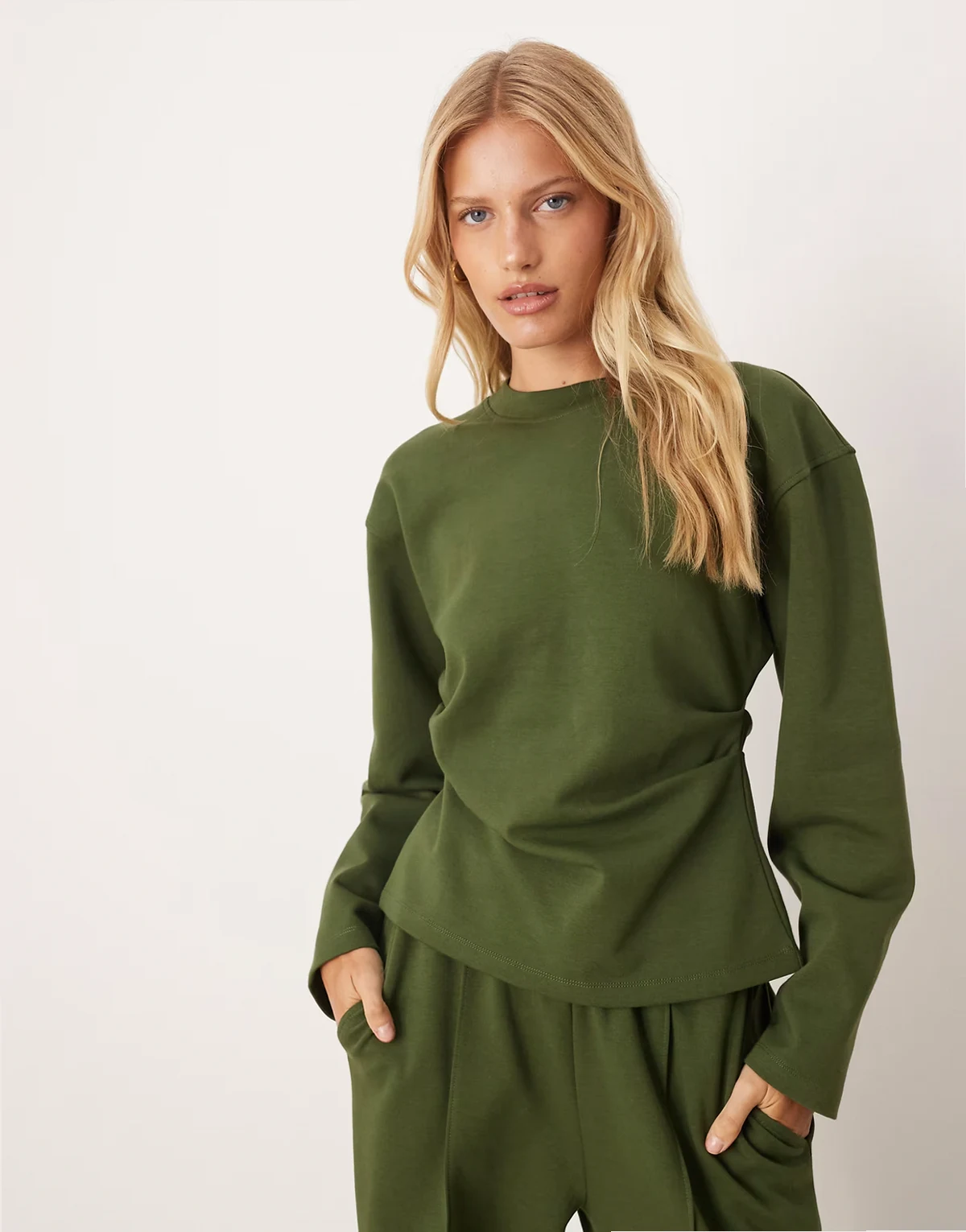 interlock long sleeve corset waist top in khaki - part of a set