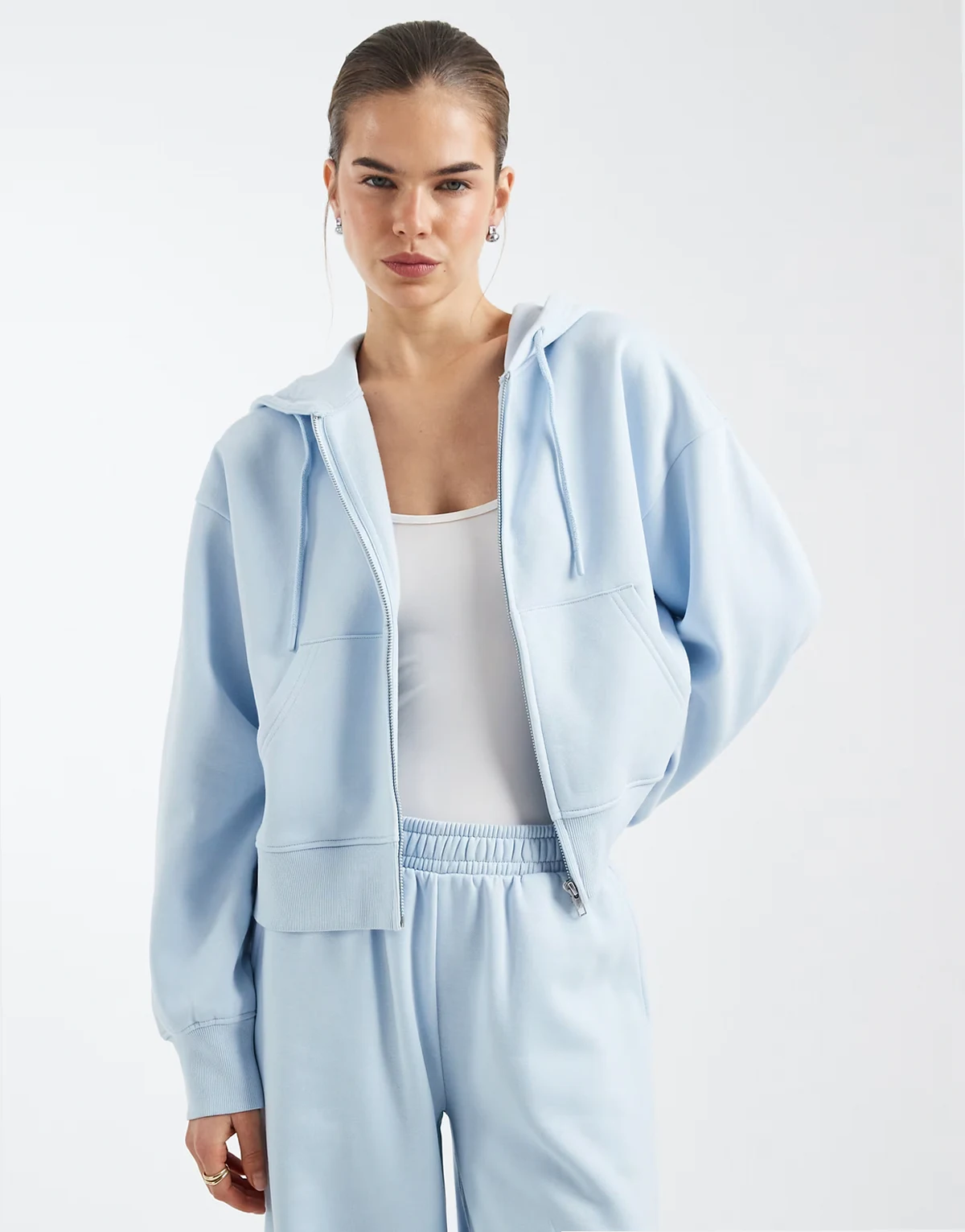 cropped zip through brushback hoodie in baby blue