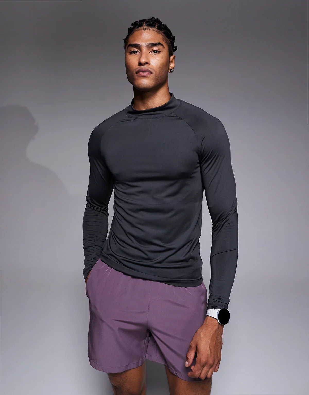 Icon training long sleeve muscle fit base layer top with mock neck in charcoal
