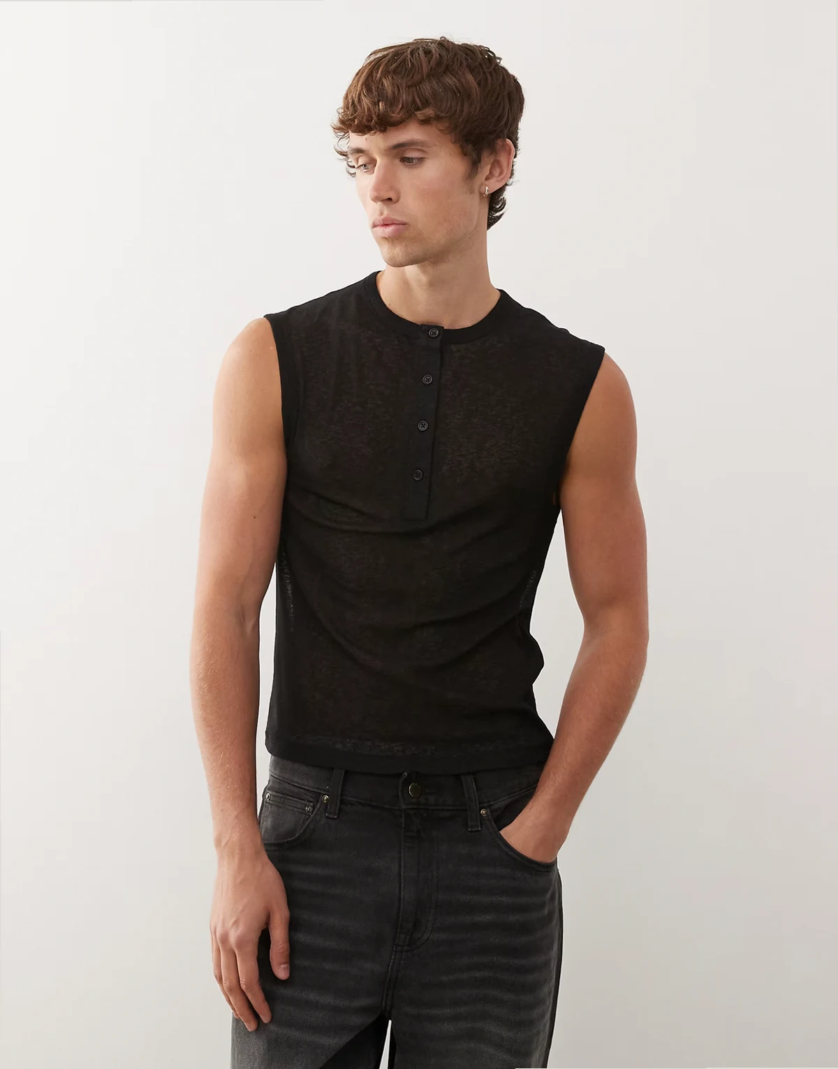 Black henley button placket tank in mesh