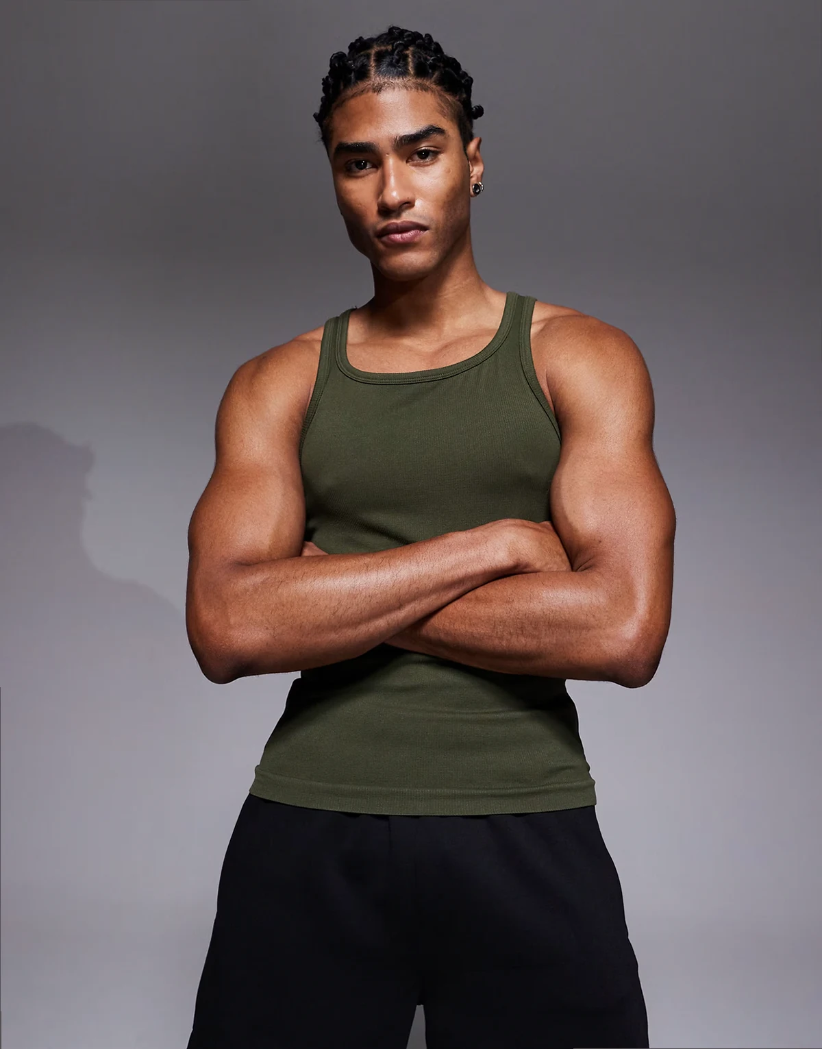 square neck slim fit seamless ribbed training tank top in khaki