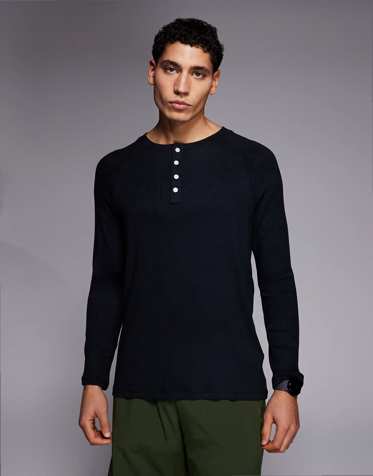 Rest Day ultra soft modal ribbed slim fit raglan henley long sleeve T-shirt in black