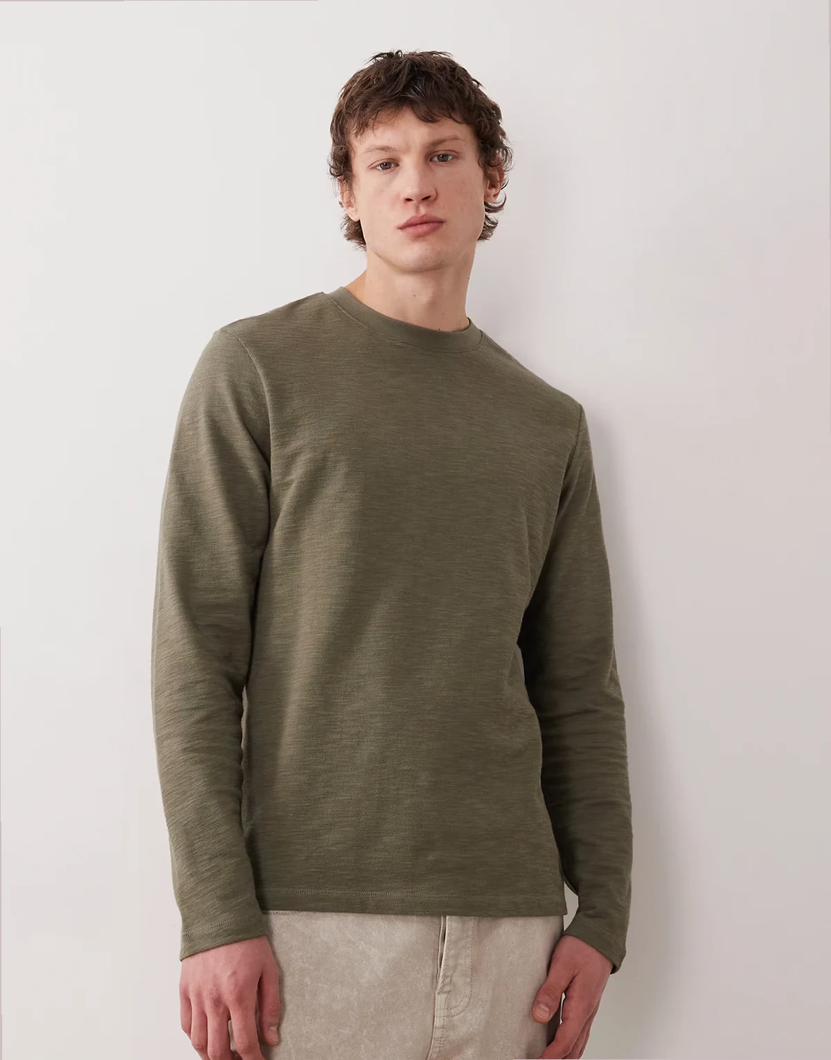 – T-shirt z długimi rękawami i okrągłym dekoltem z materiału slub w kolorze khaki