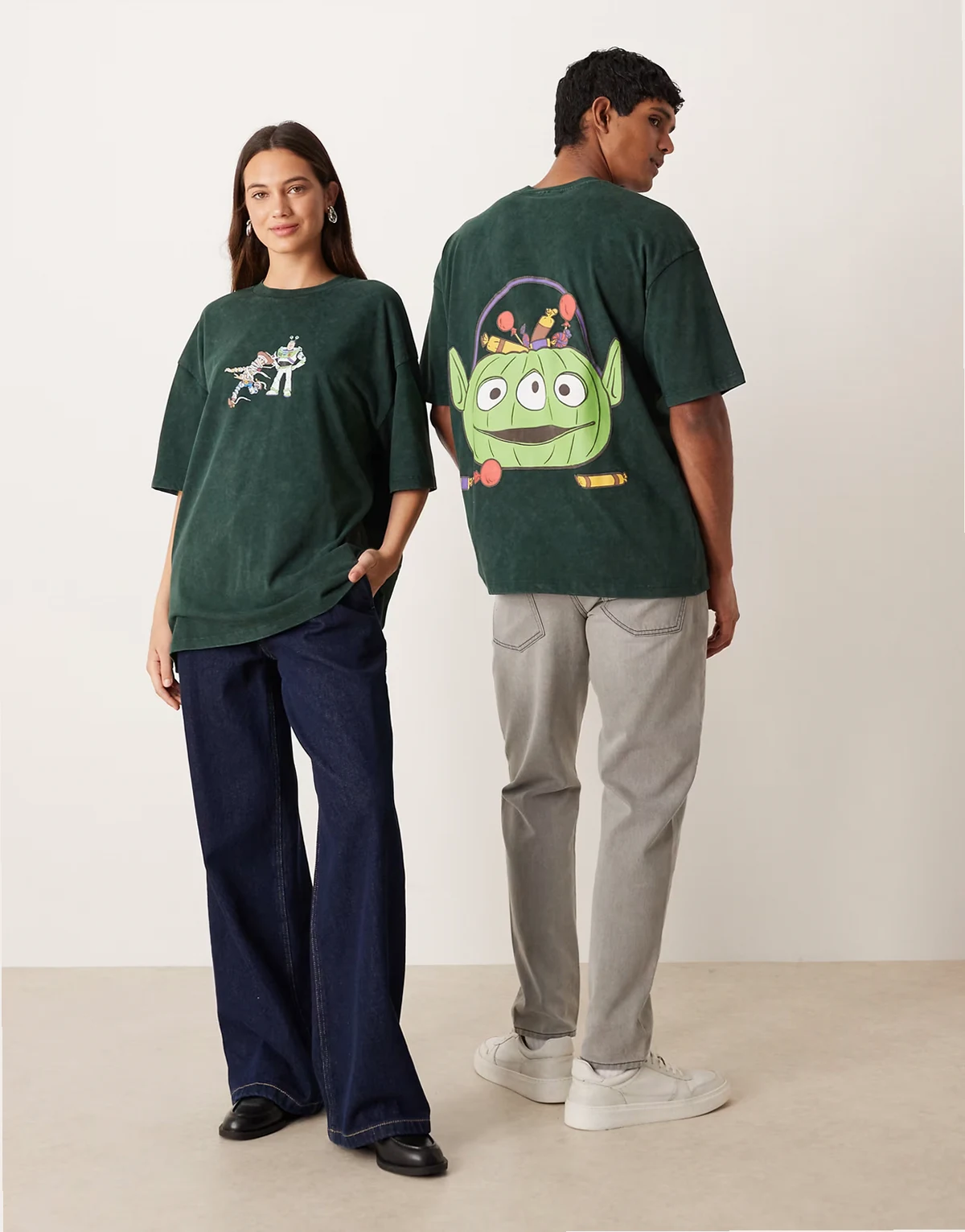 – Disney Pixar – Halloween – Ciemnozielony sprany T-shirt unisex o fasonie oversize z nadrukami Toy Story
