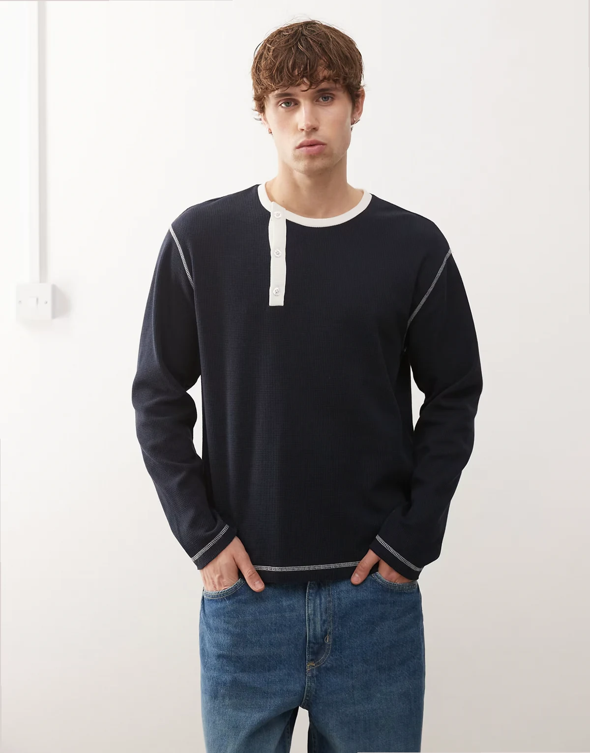 henley top with contrast detailing in navy blue