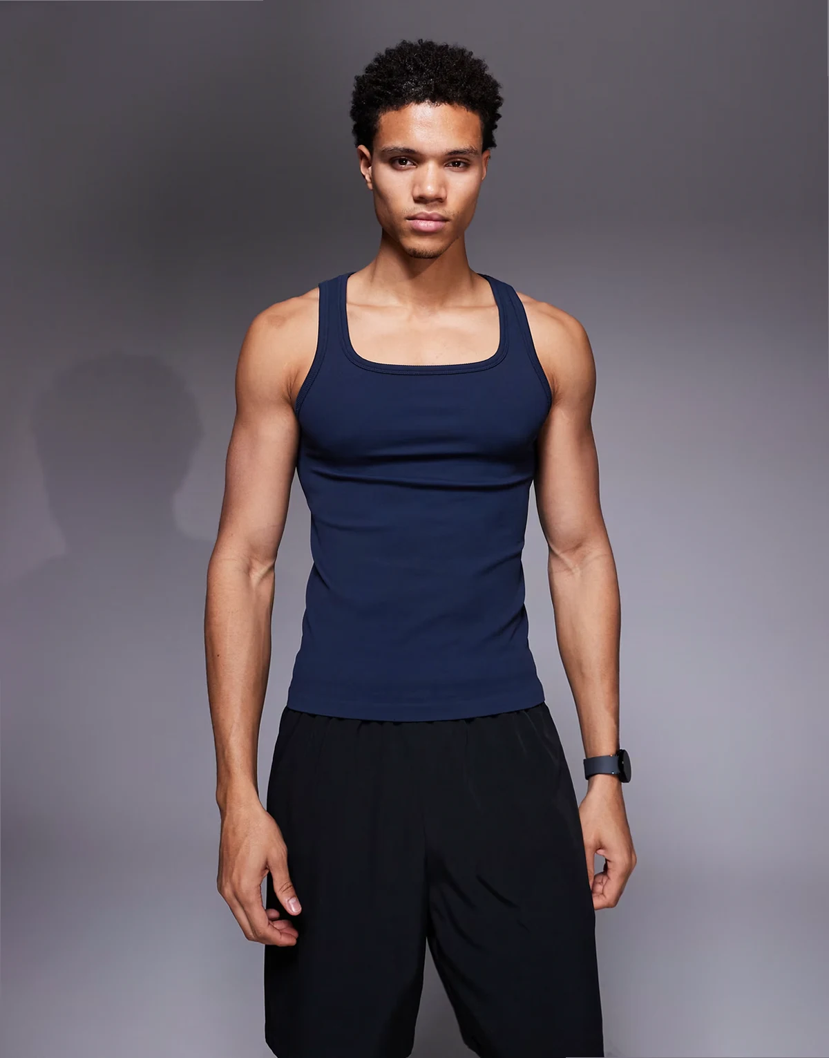 seamless rib slim fit square neck tank top in navy