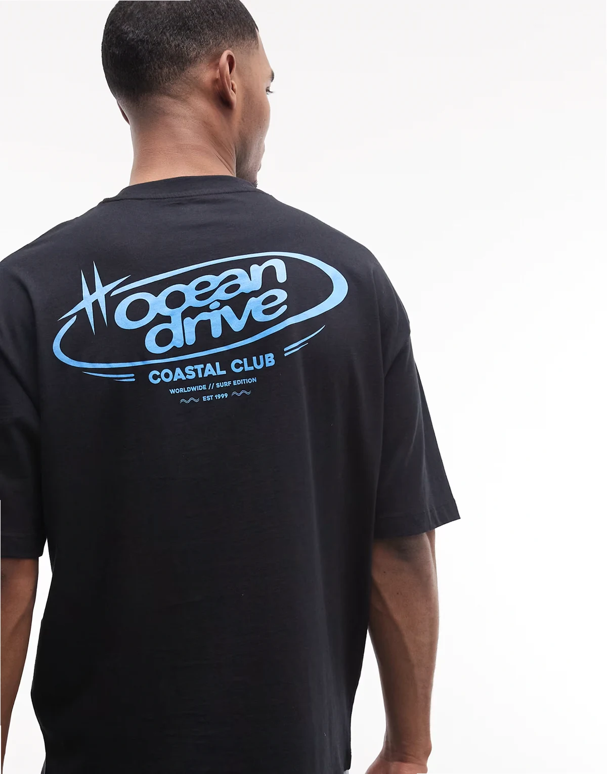 – Czarny T-shirt oversize z grafiką „Ocean Drive“