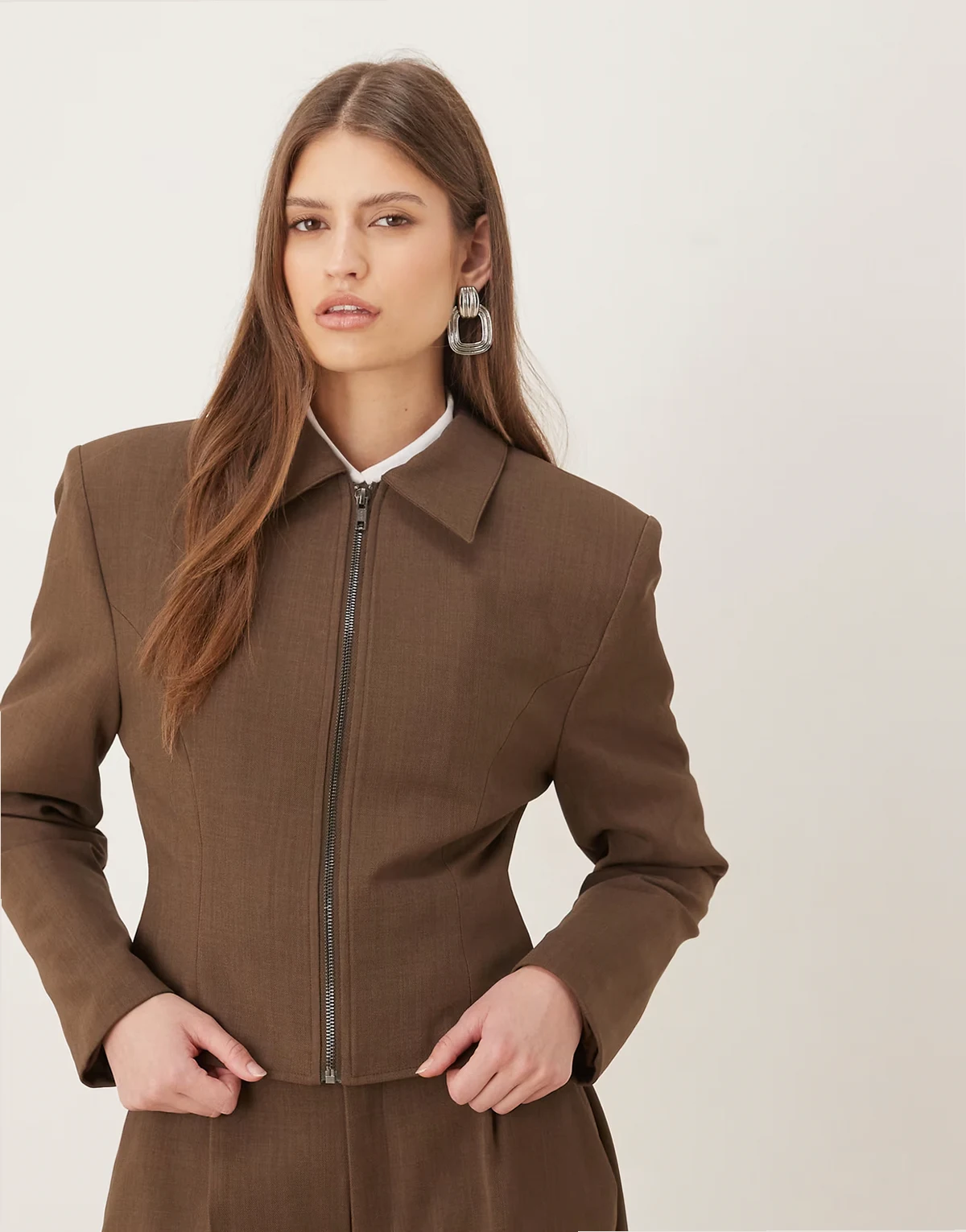 Maeve tailored zip up shoulder pad detailing shirt in chocolate - part of a set