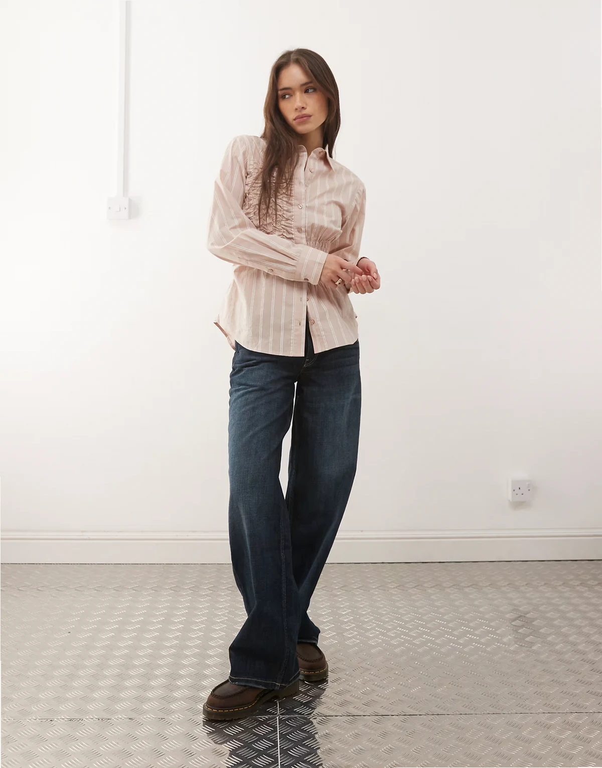 shirred long sleeve shirt in neutral stripes