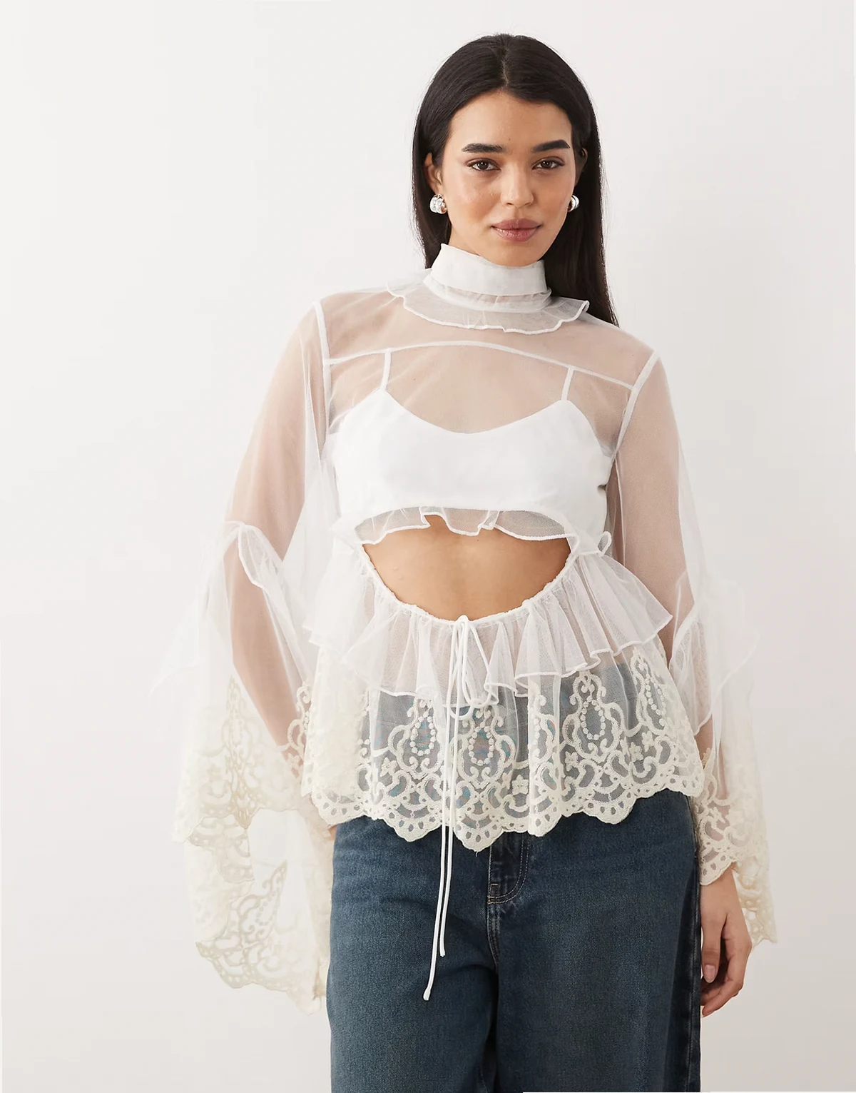 Anyssa lace edge ruffle trim blouse in ivory