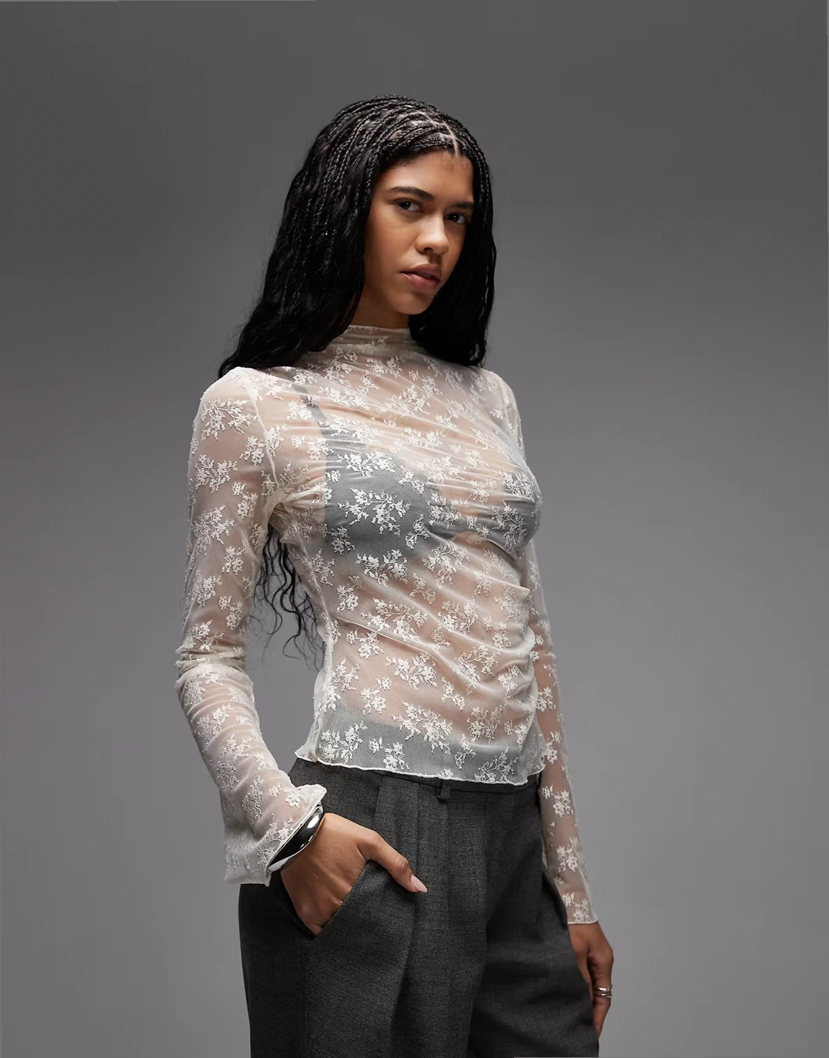 long sleeve lace top with draped waist detail in beige