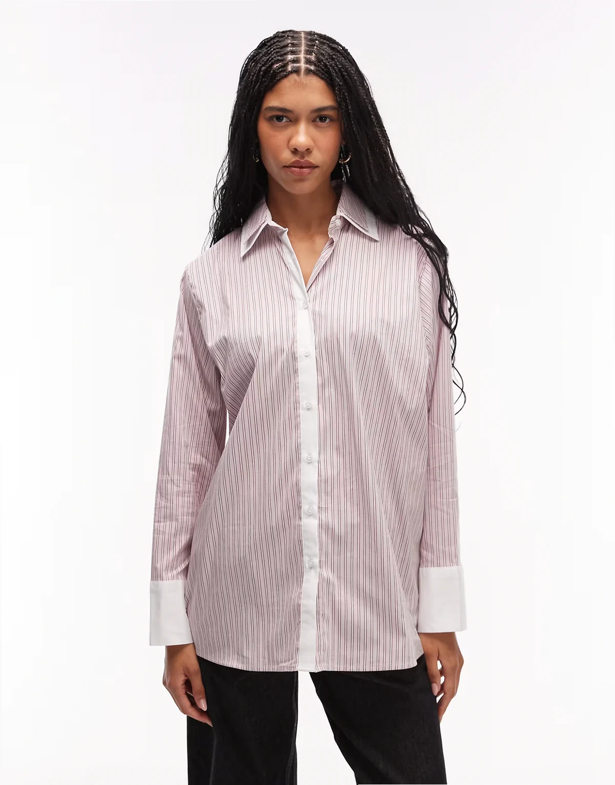 – Oversize-Hemdbluse in gestreiftem Rosa mit doppeltem Kragen
