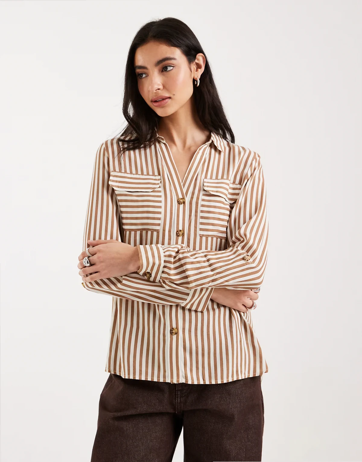 pocket front shirt in tan and cream stripes