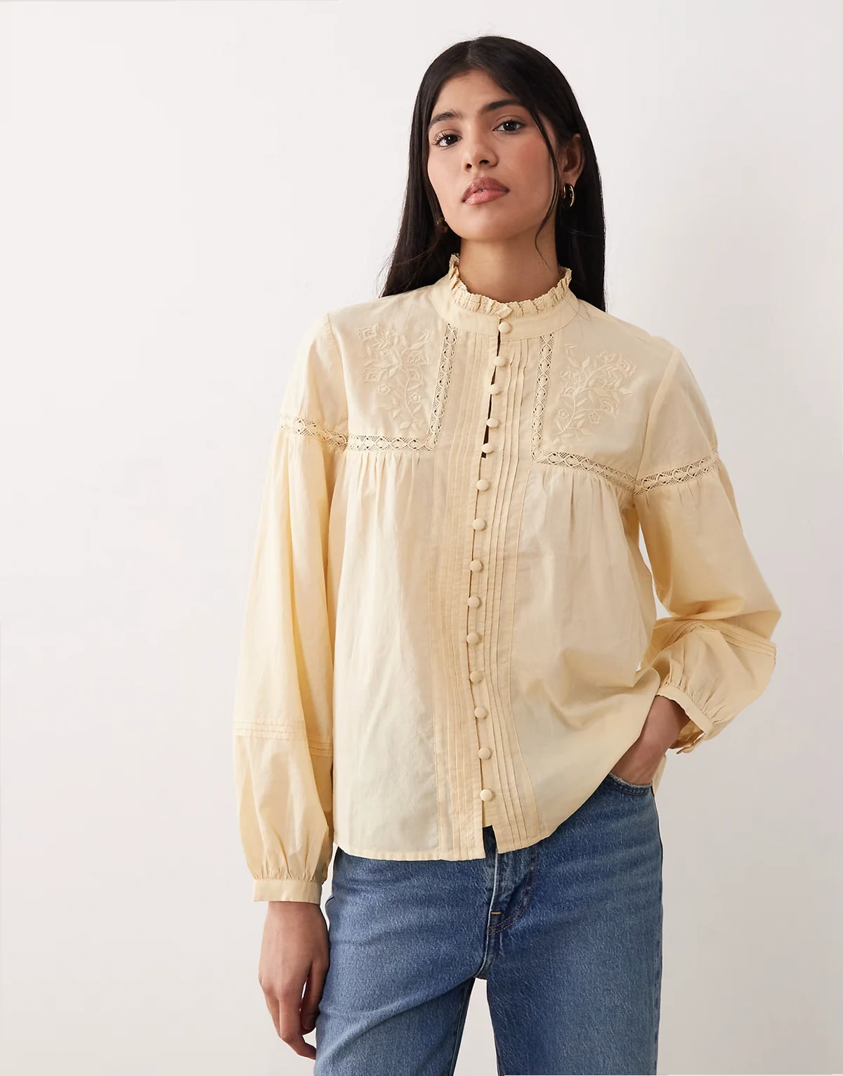 Jones embroidered lace insert shirt in soft yellow