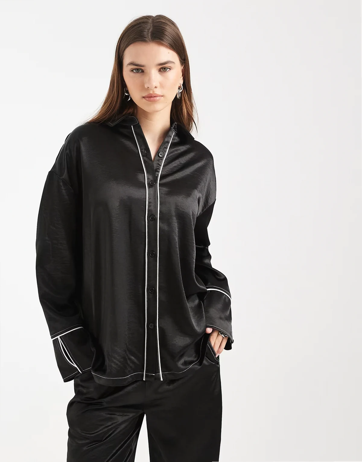 satin contrast trim collared wide cuff shirt in black - part of a set