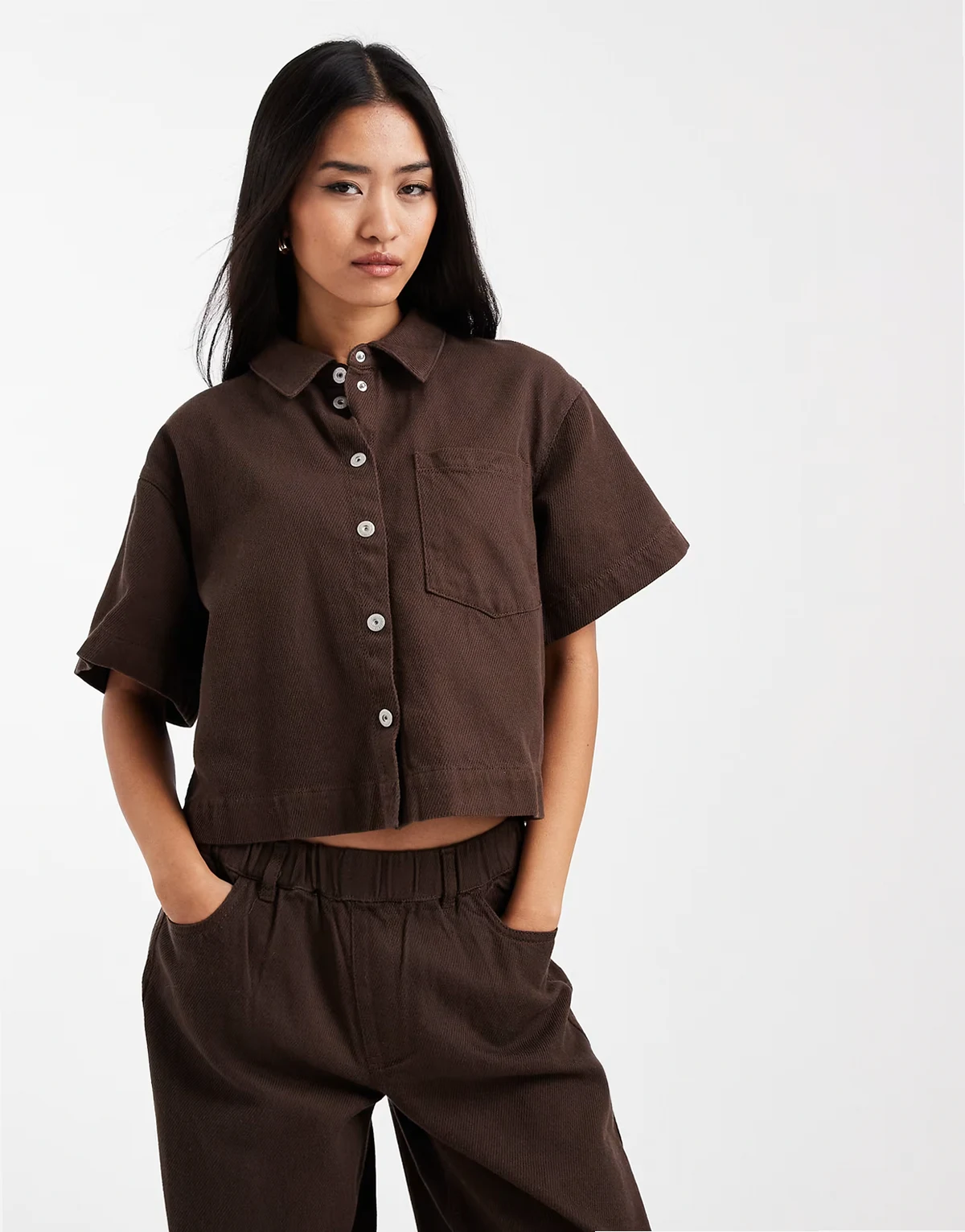 textured twill short sleeve boxy shirt in hot fudge brown - part of a set