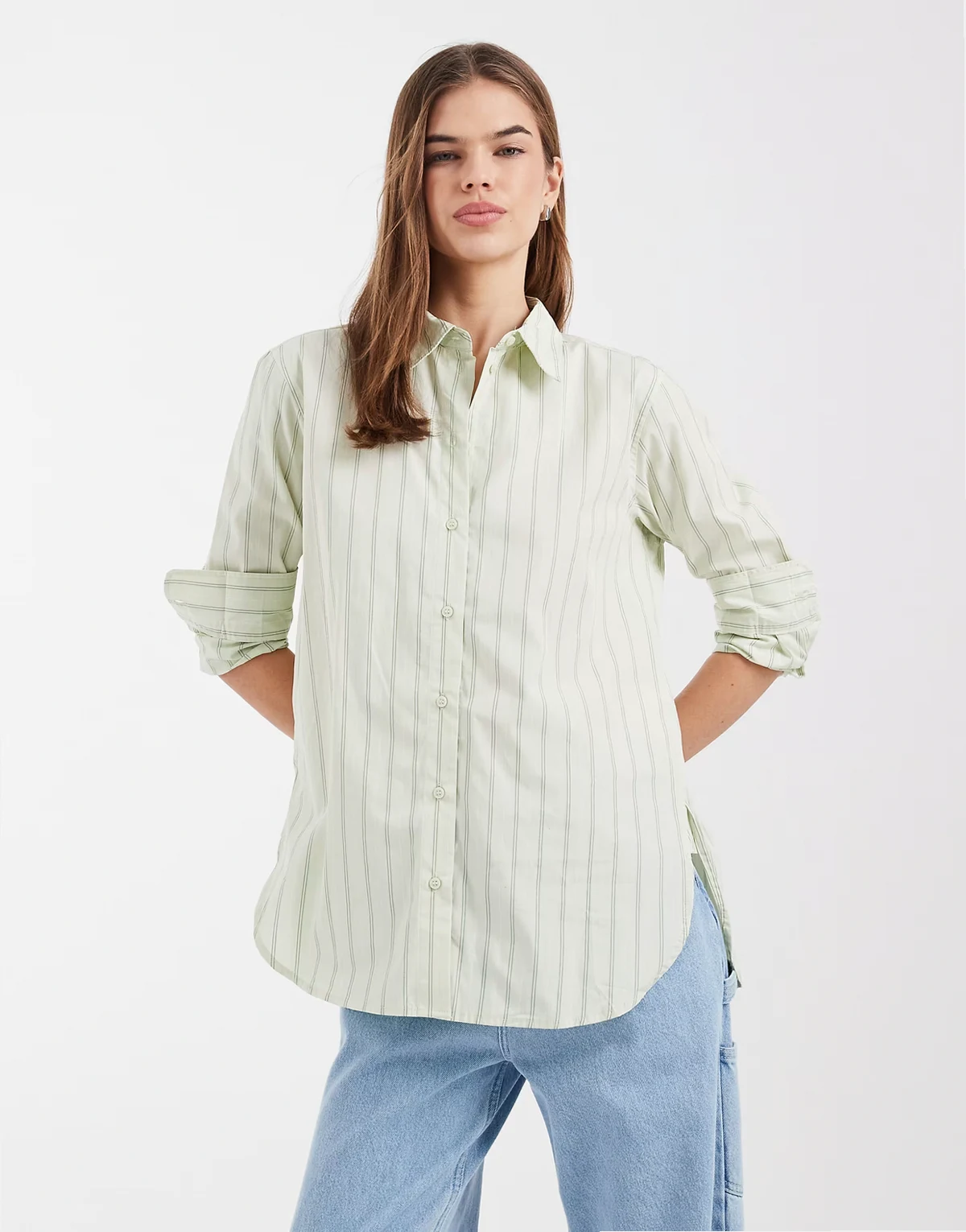 oversized cotton oxford shirt in fog green double striped print