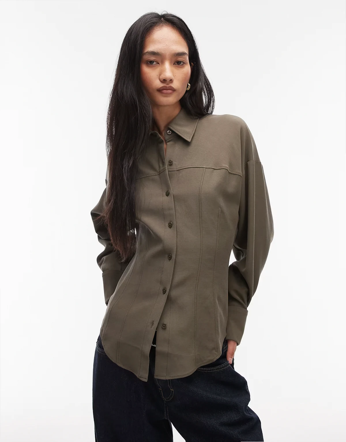 cinch waist shirt in dark green