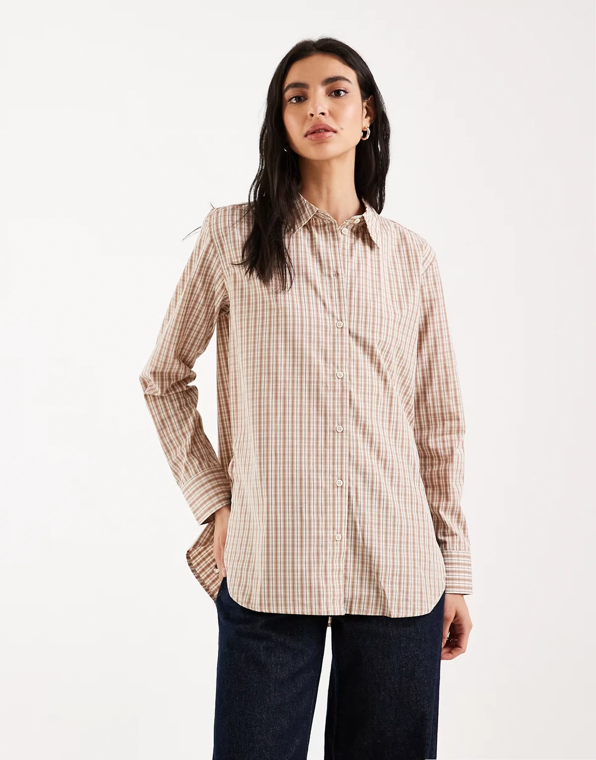 oversized cotton oxford shirt in neutral mini plaid print