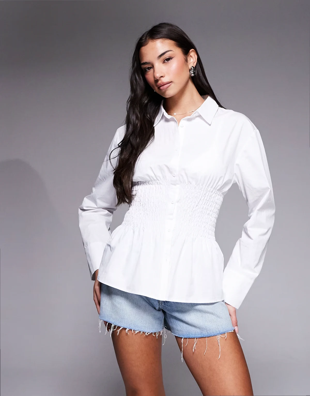 Exclusive cotton rich tailored shirred cinch waist shirt in white