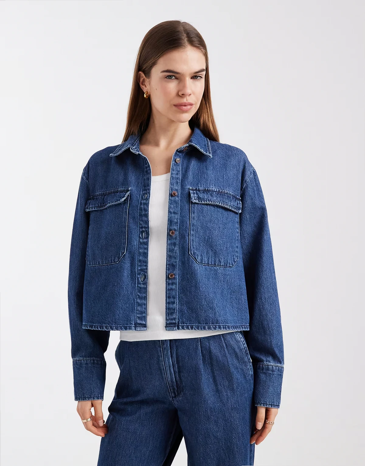 utility pocket denim shirt in medium blue denim - part of a set