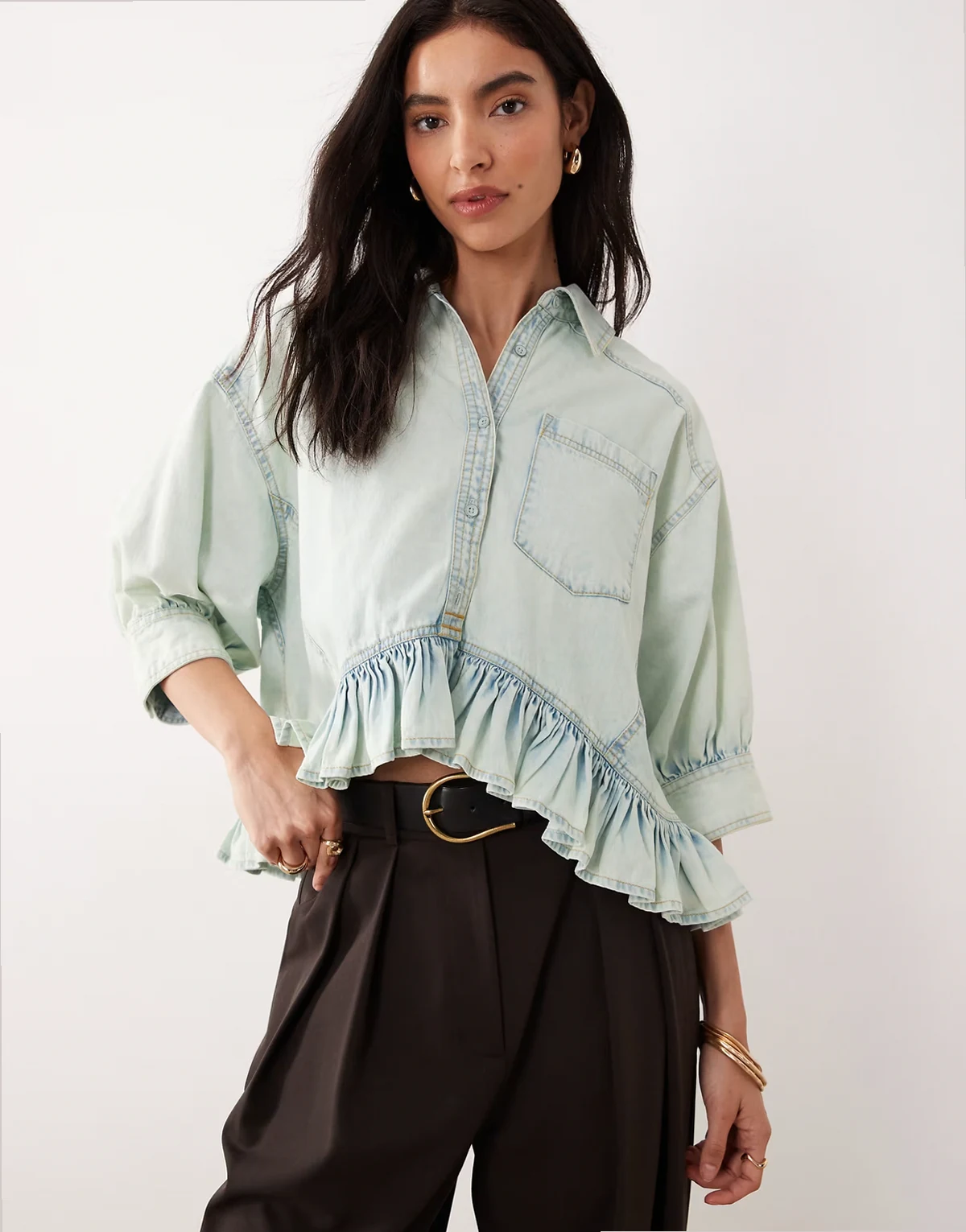 bailey denim shirt with ruffle peplum in light tint wash