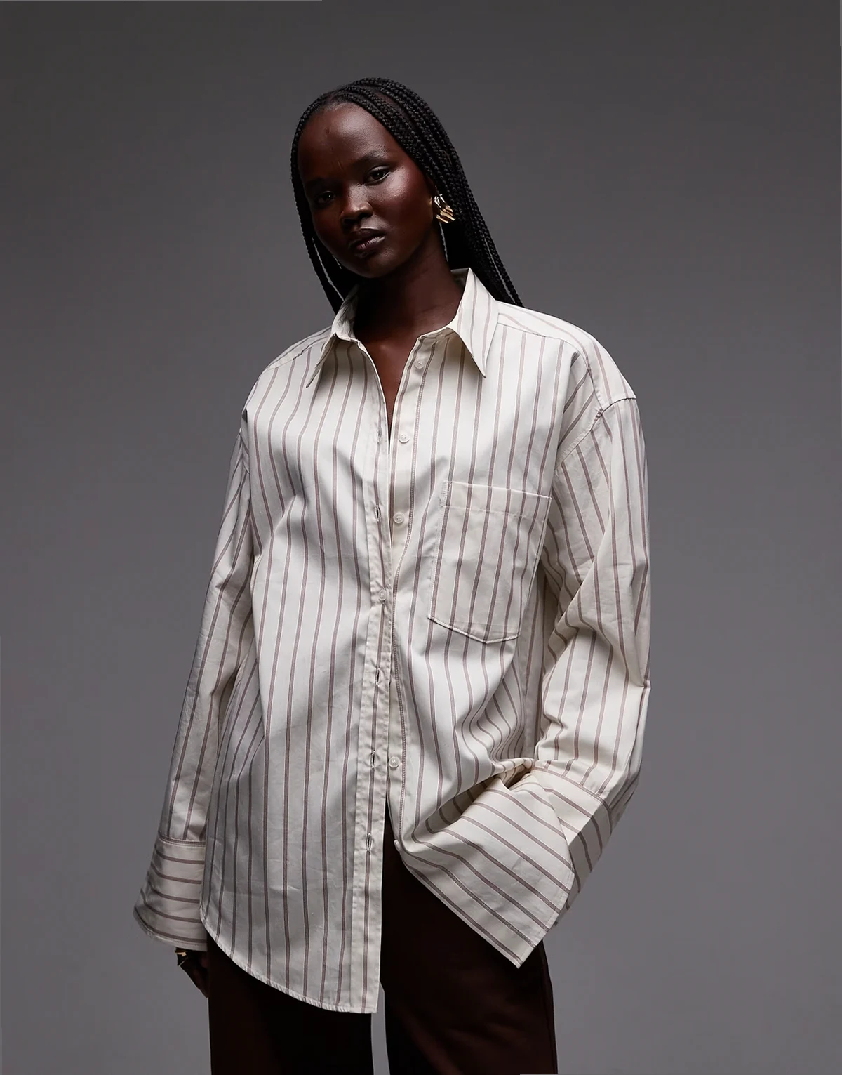 pure cotton oversized fit shirt in off white with burgundy stripes