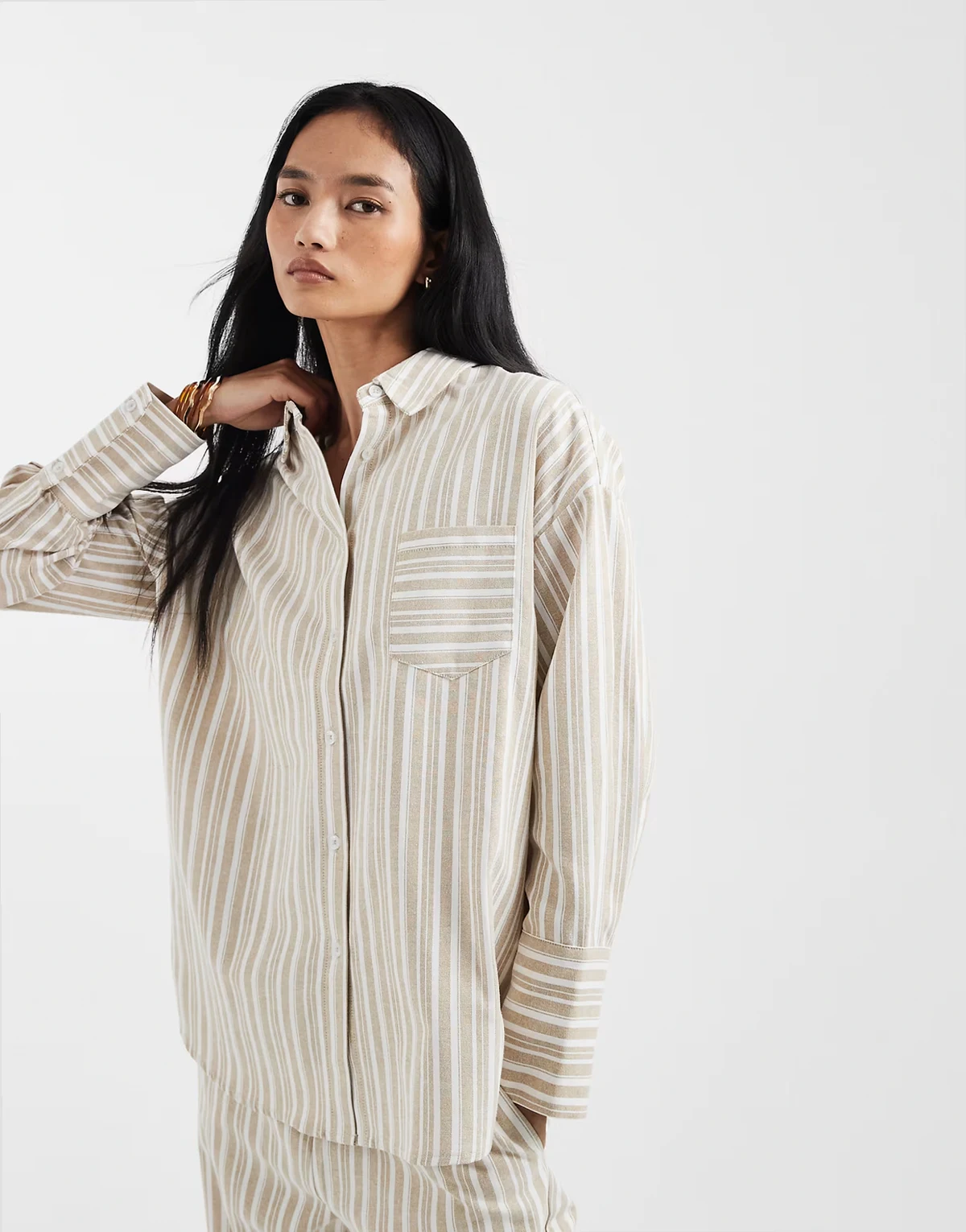 lightweight cotton rich button through beach shirt in beige stripe - part of a set