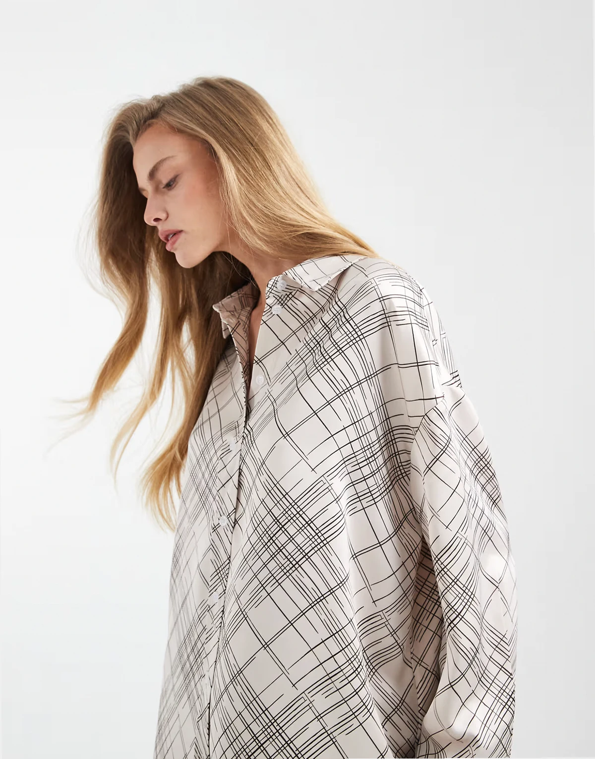 satin deep cuffed shirt in white plaid print - part of a set