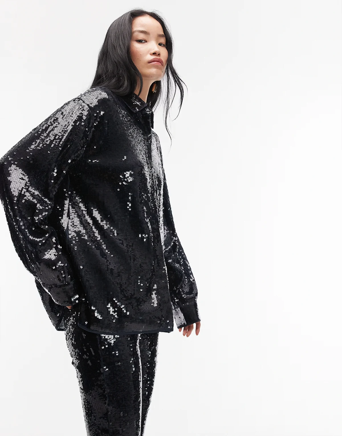 tailored premium sequin oversized shirt in navy - part of a set