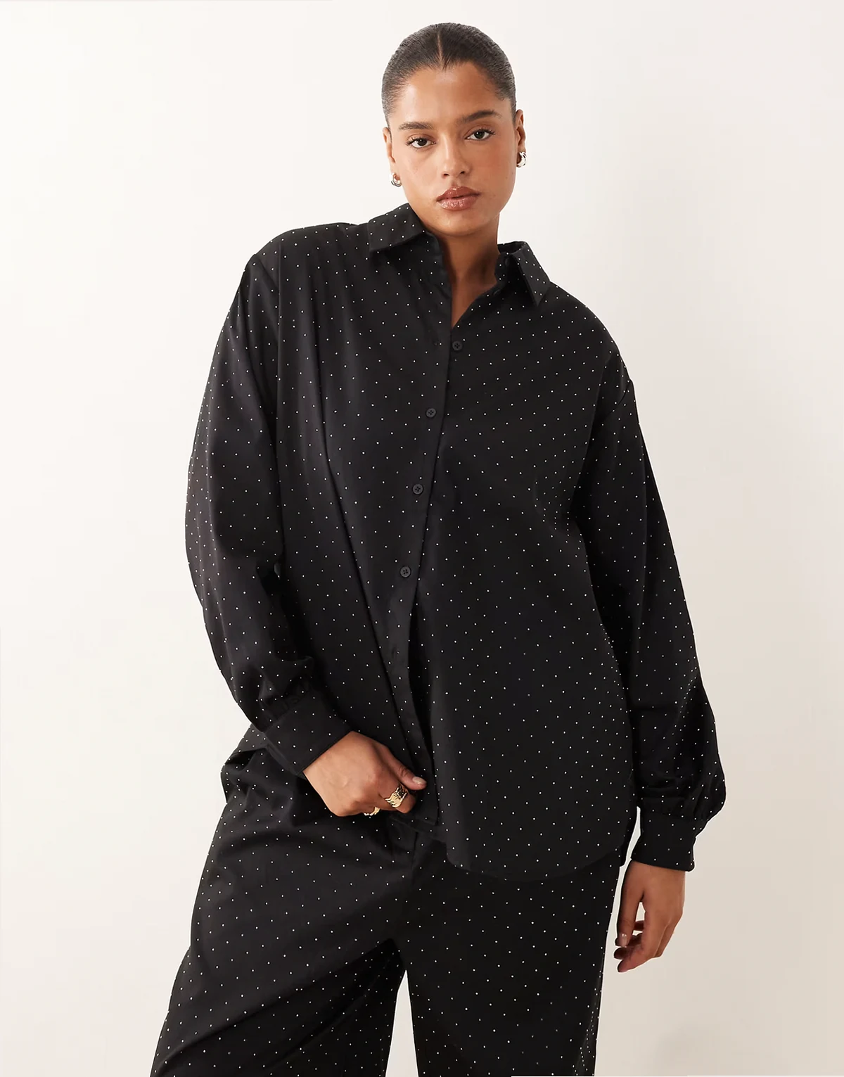 ASOS DESIGN Curve oversized rhinestone shirt in black - part of a set