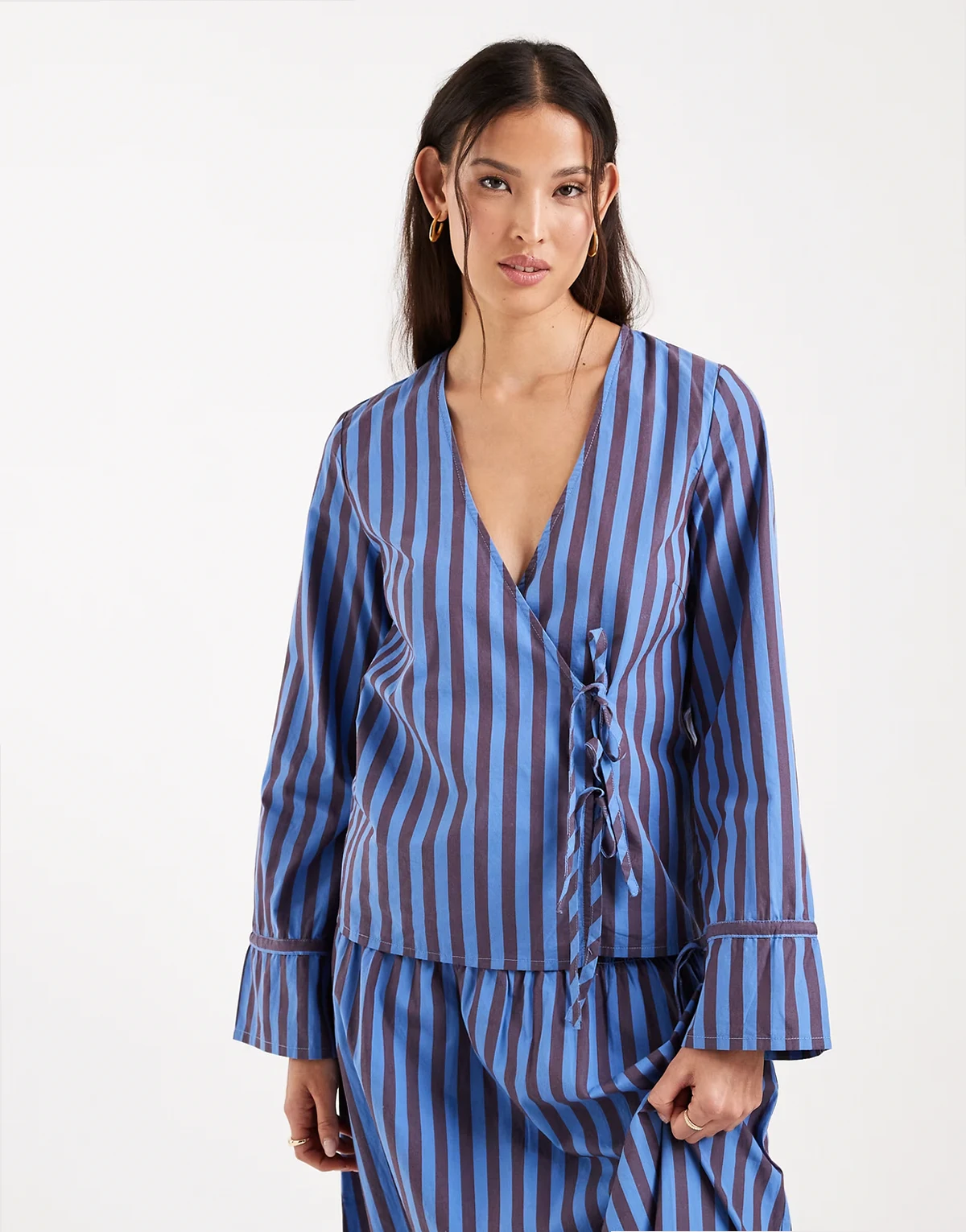 tie front shirt in blue and chocolate stripes - part of a set