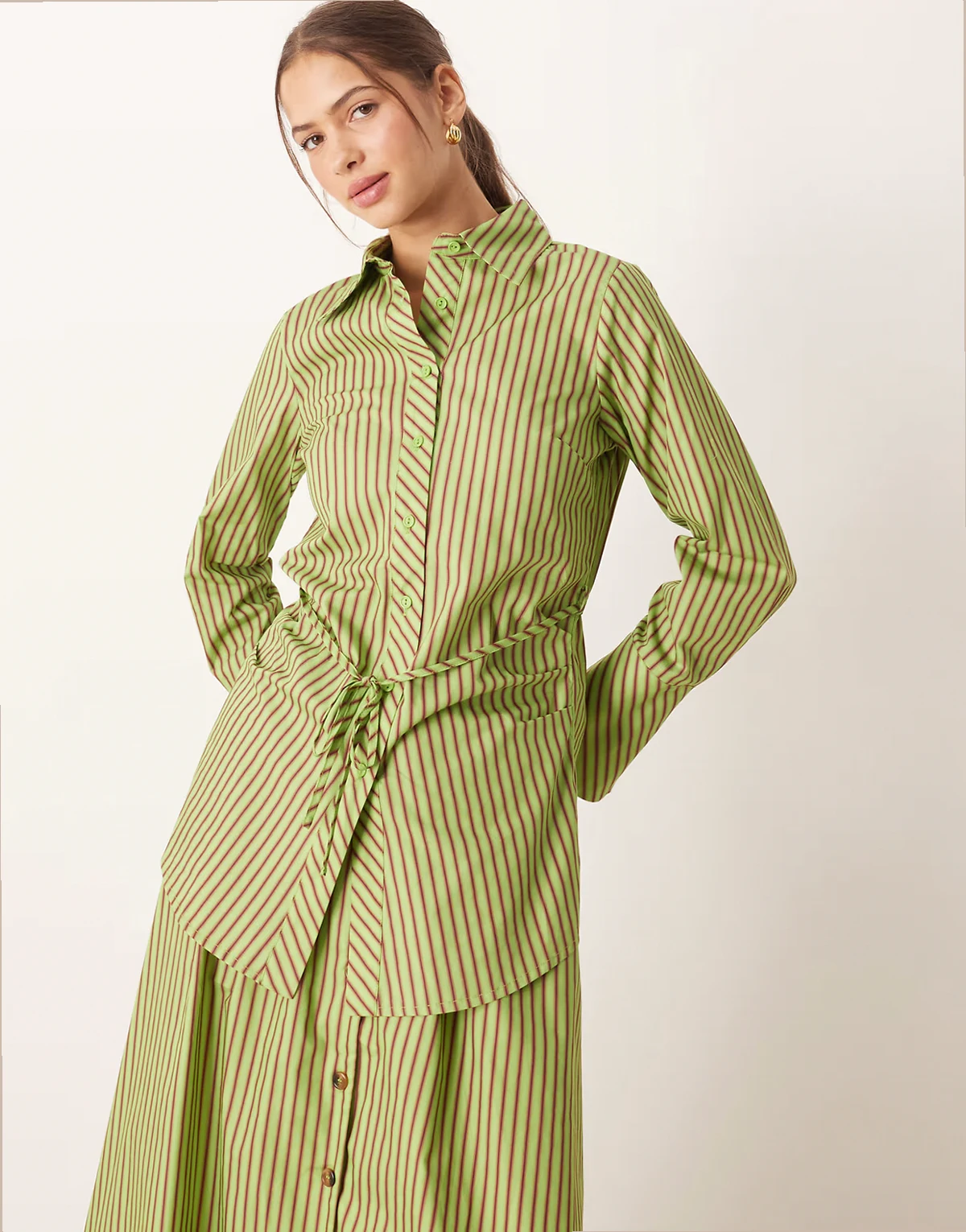 cinched waist shirt in green red stripes