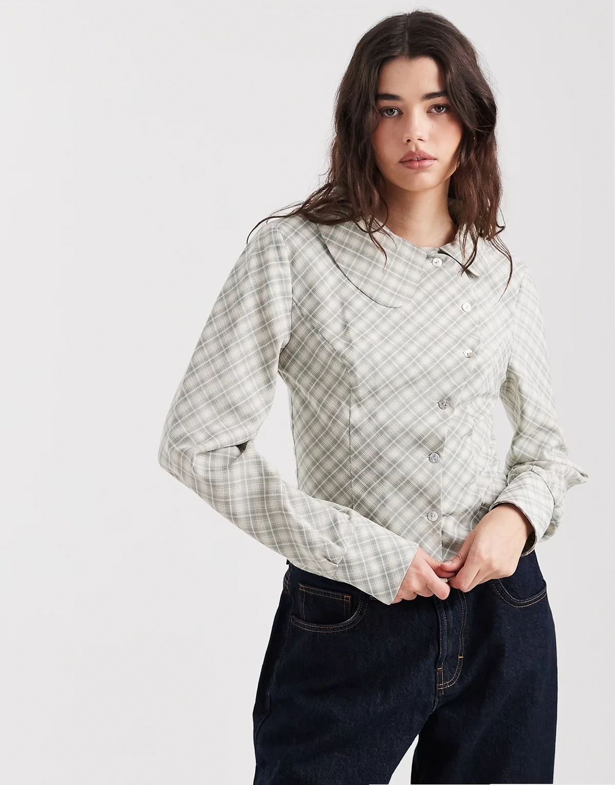 curved button placket detail shirt in light gray plaid