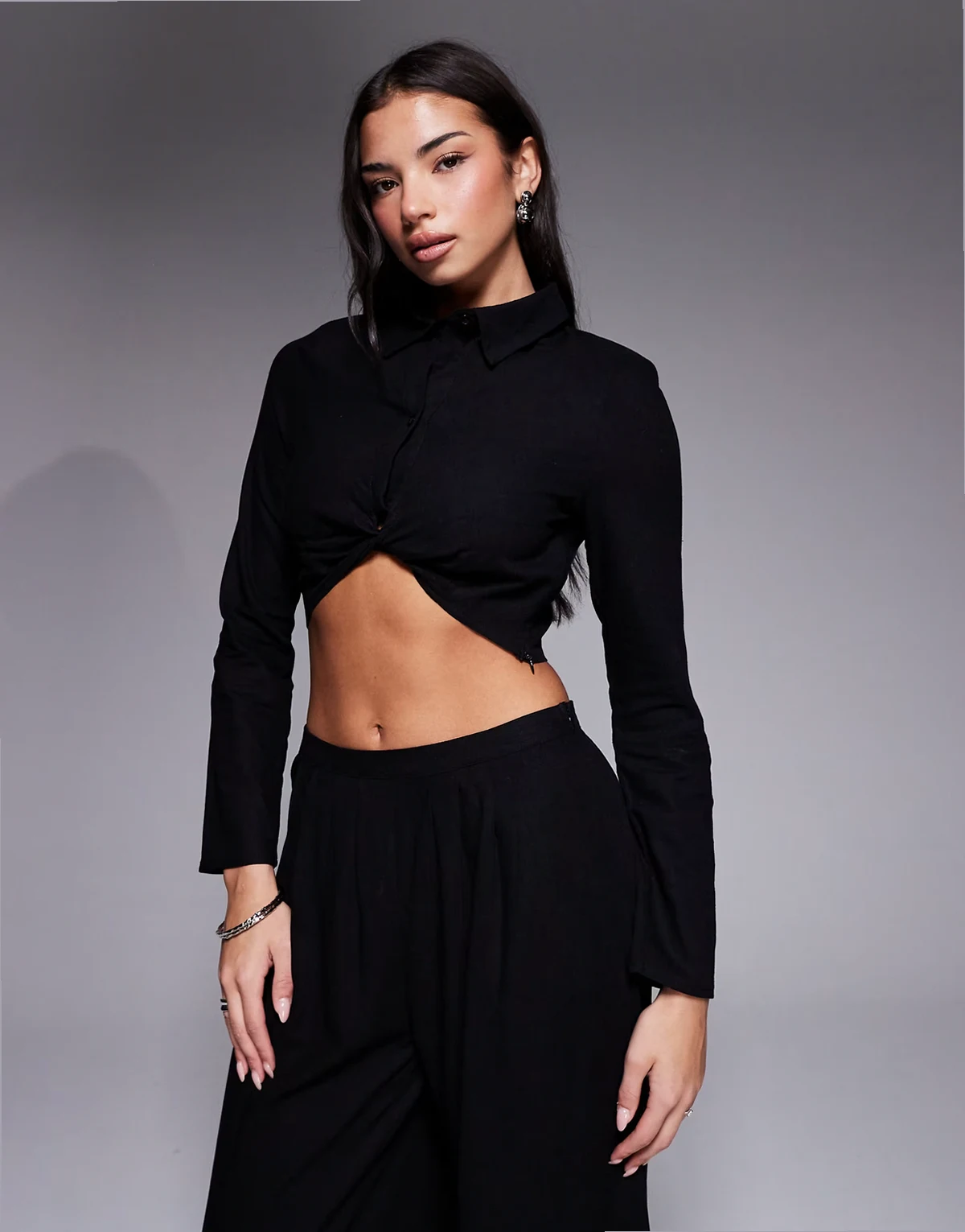 exclusive cotton rich structured shoulder detailing cropped long sleeve shirt in black - part of a set