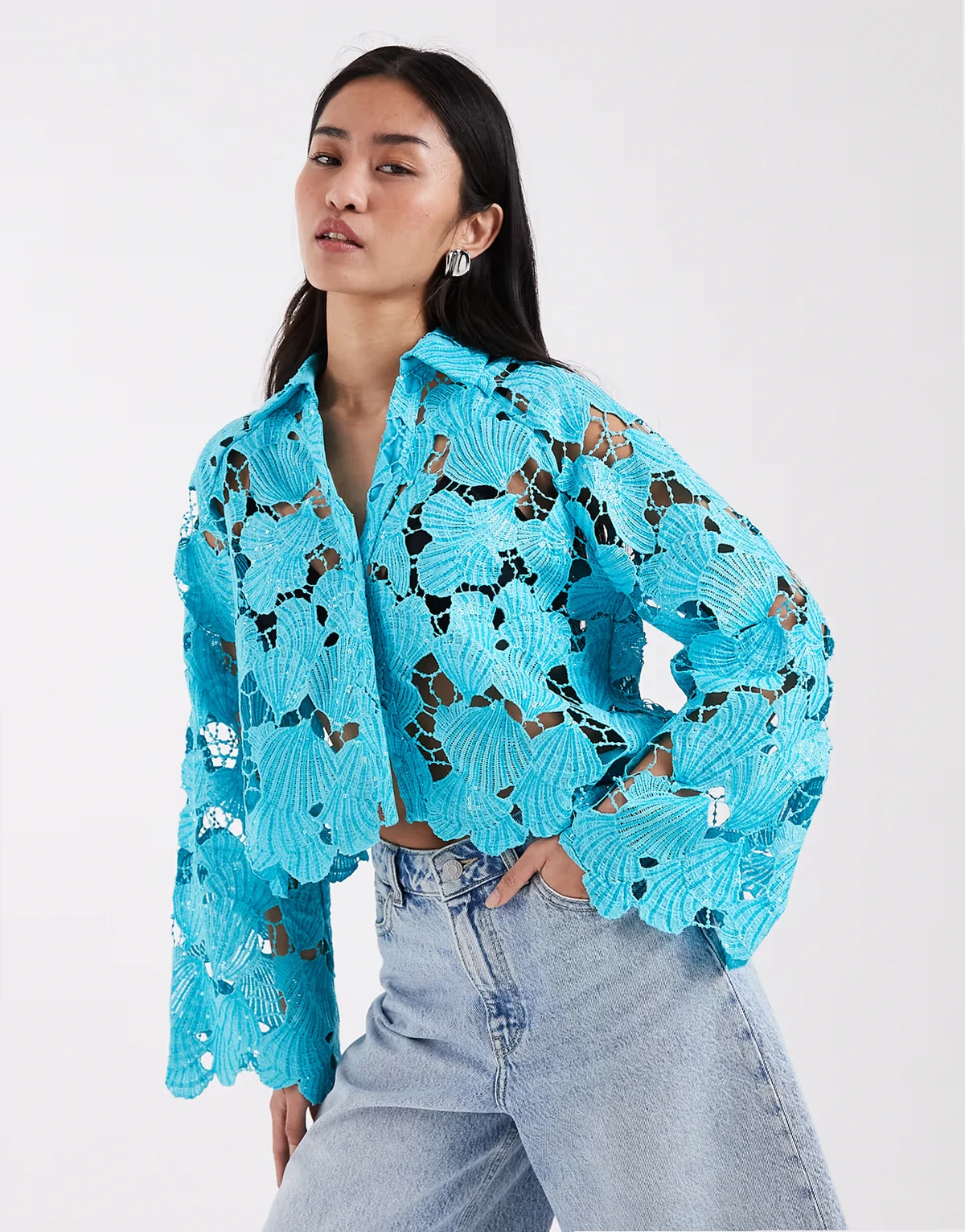 cutwork sequined shirt in blue - part of a set