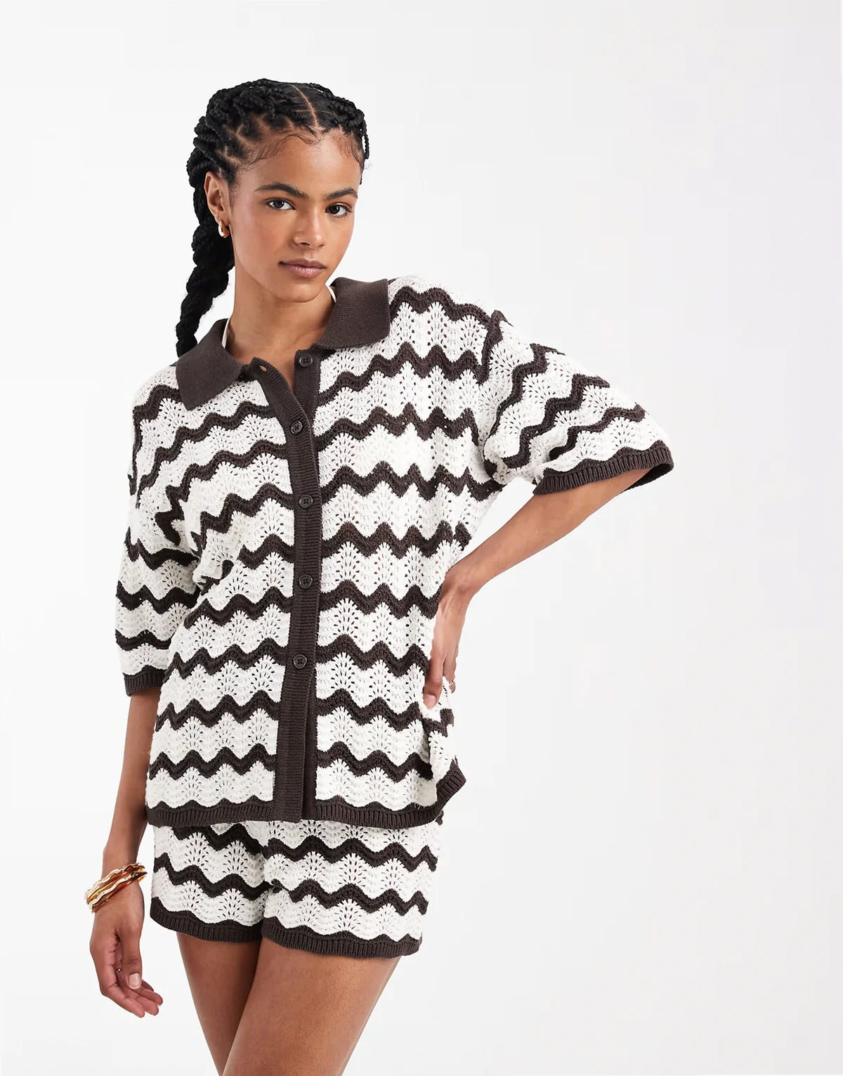 crochet knit beach shirt in brown & white zigzag - part of a set