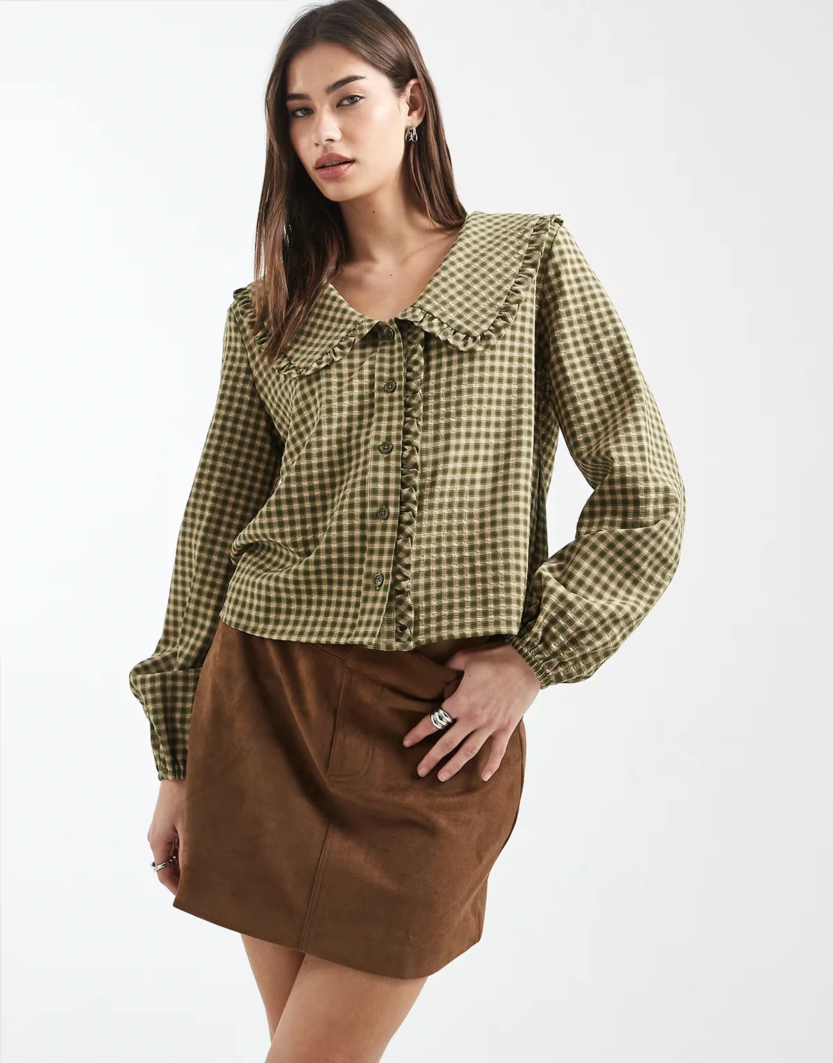 oversized collar shirt in khaki green and brown plaid