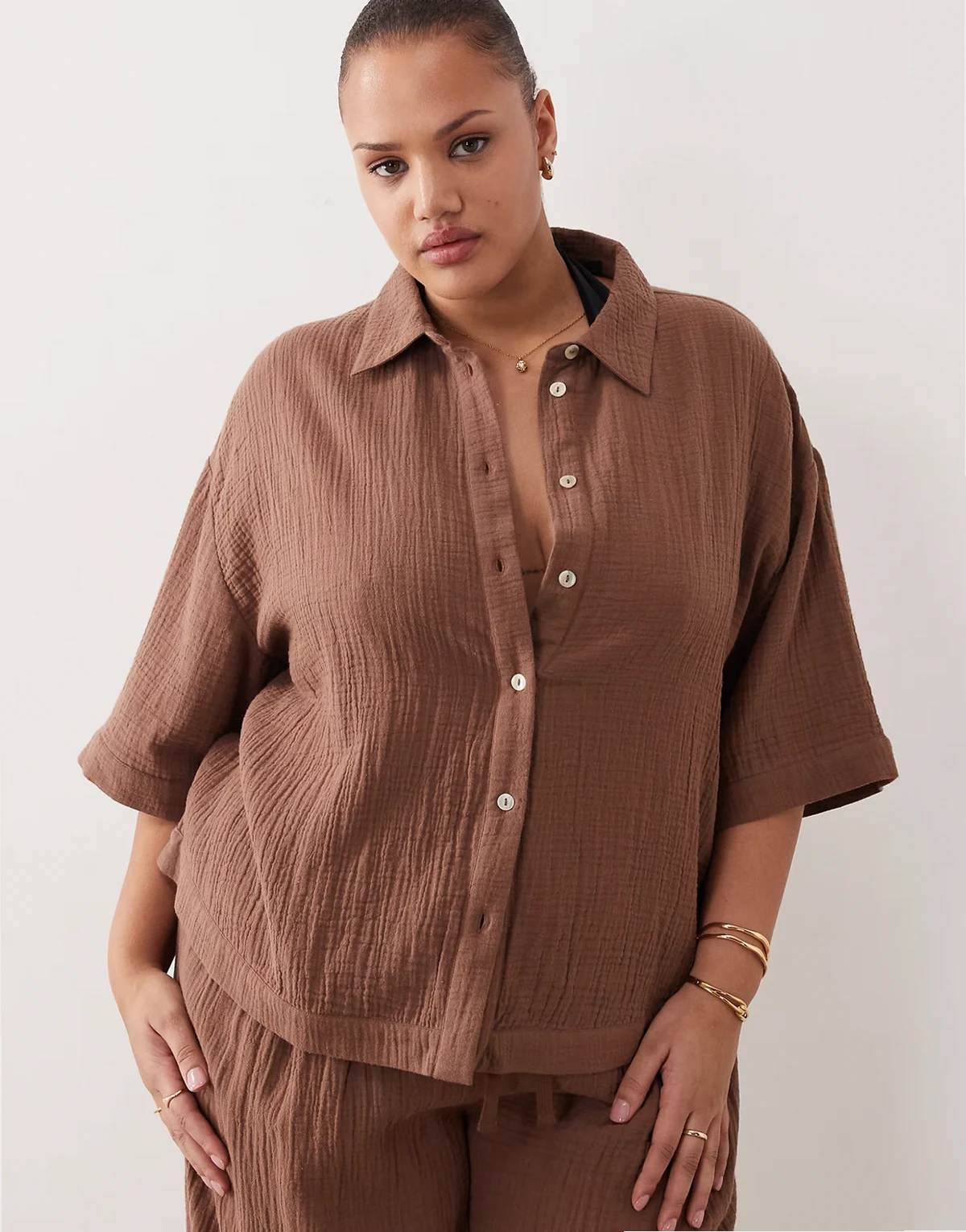 ASOS DESIGN Curve Callie beach cheesecloth resort short sleeve shirt in mocha