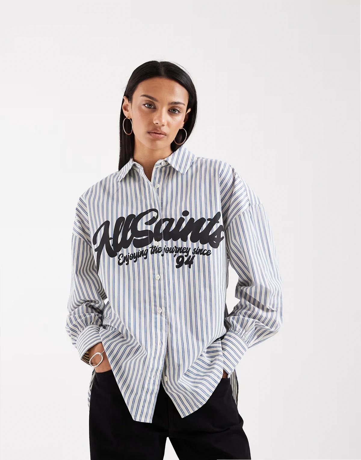Adrianne button down striped logo shirt in blue
